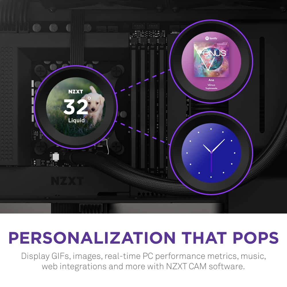 Personalization That Pops: Display GIFs, images, real-time PC performance metrics, music, web integrations and more with NZXT CAM software.