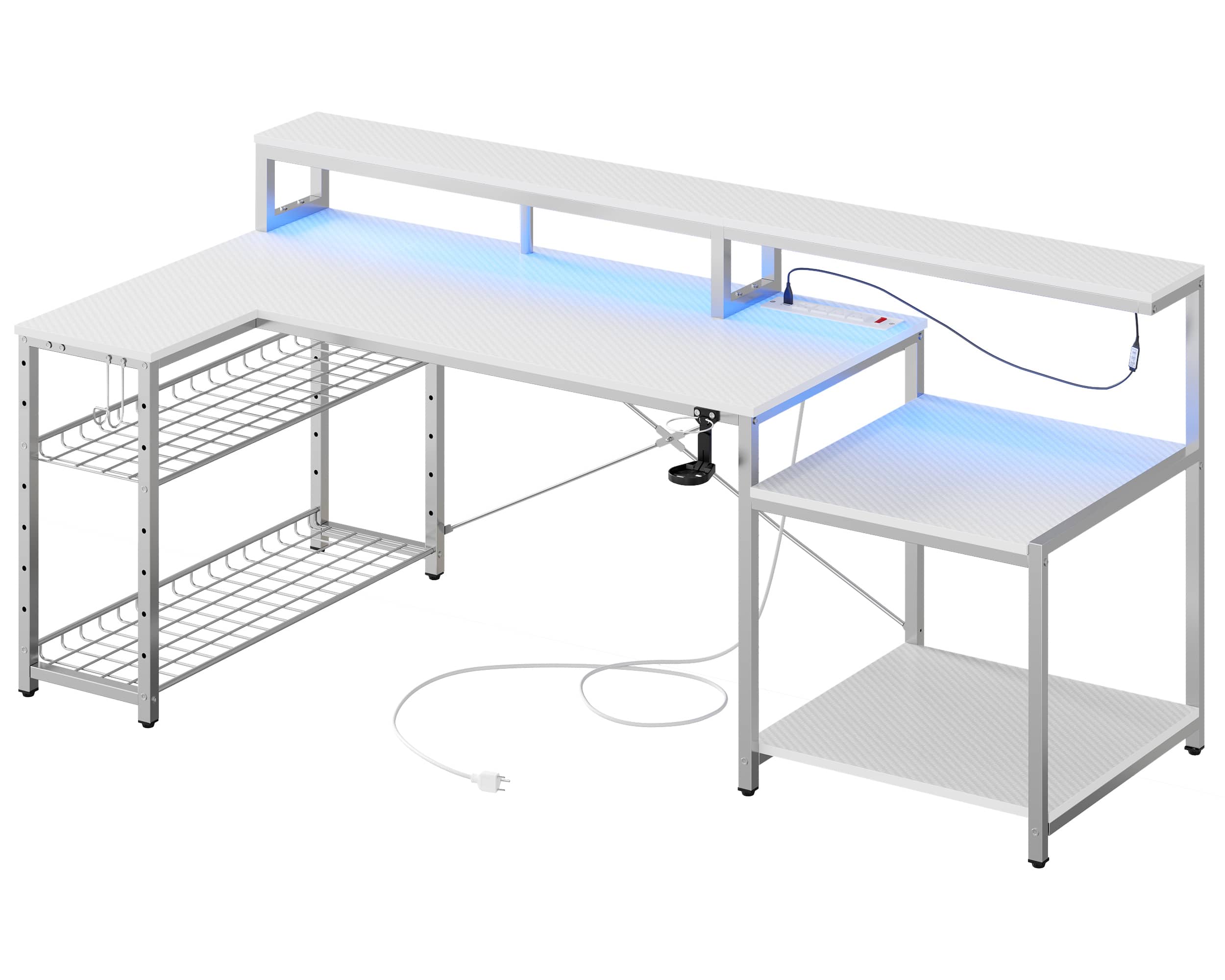 Back. Bestier - 71inch L-Shaped LED Gaming Desk with Power Outlet Computer Desk - White.