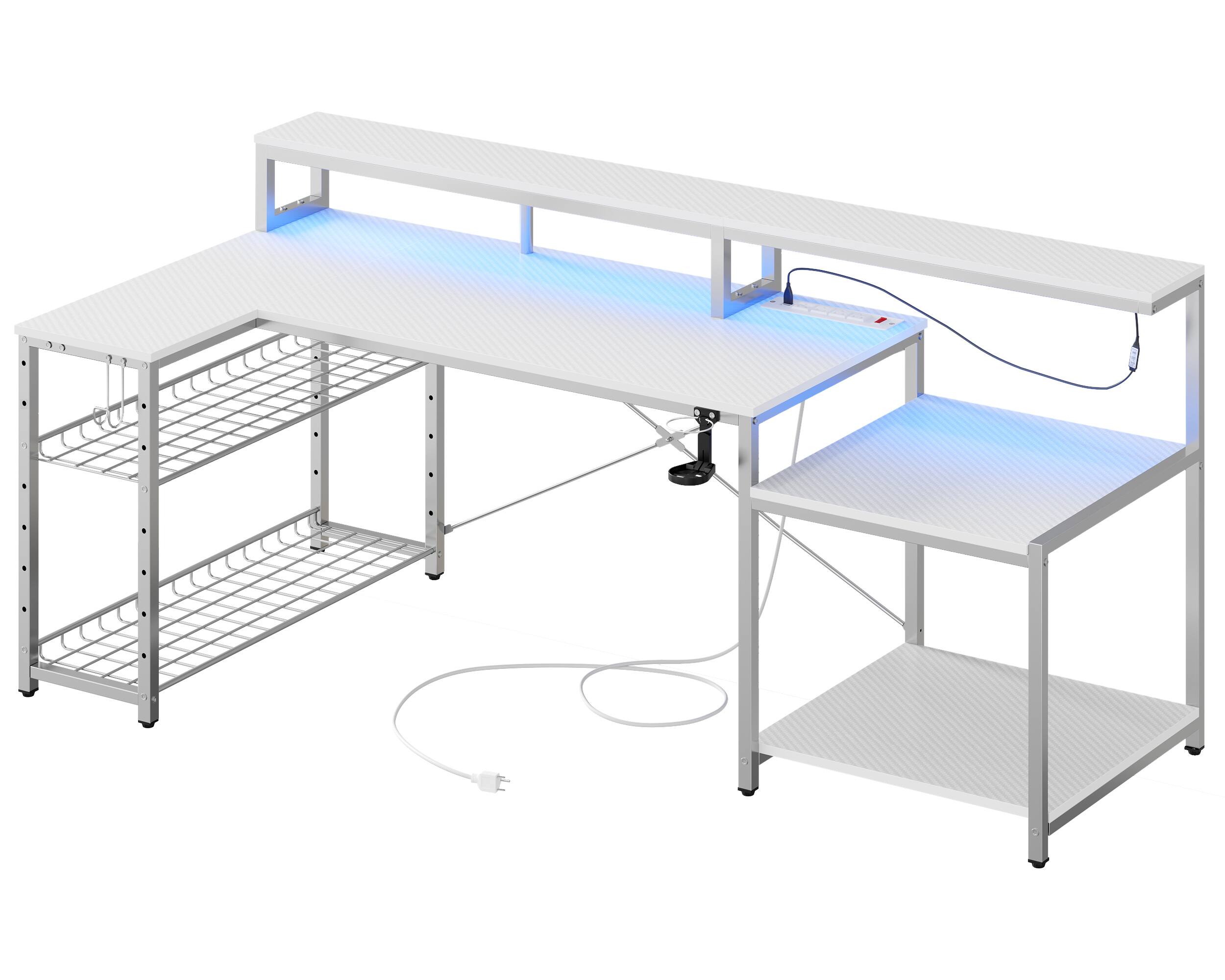 Back. Bestier - 71inch L-Shaped LED Gaming Desk with Power Outlet Computer Desk - White.