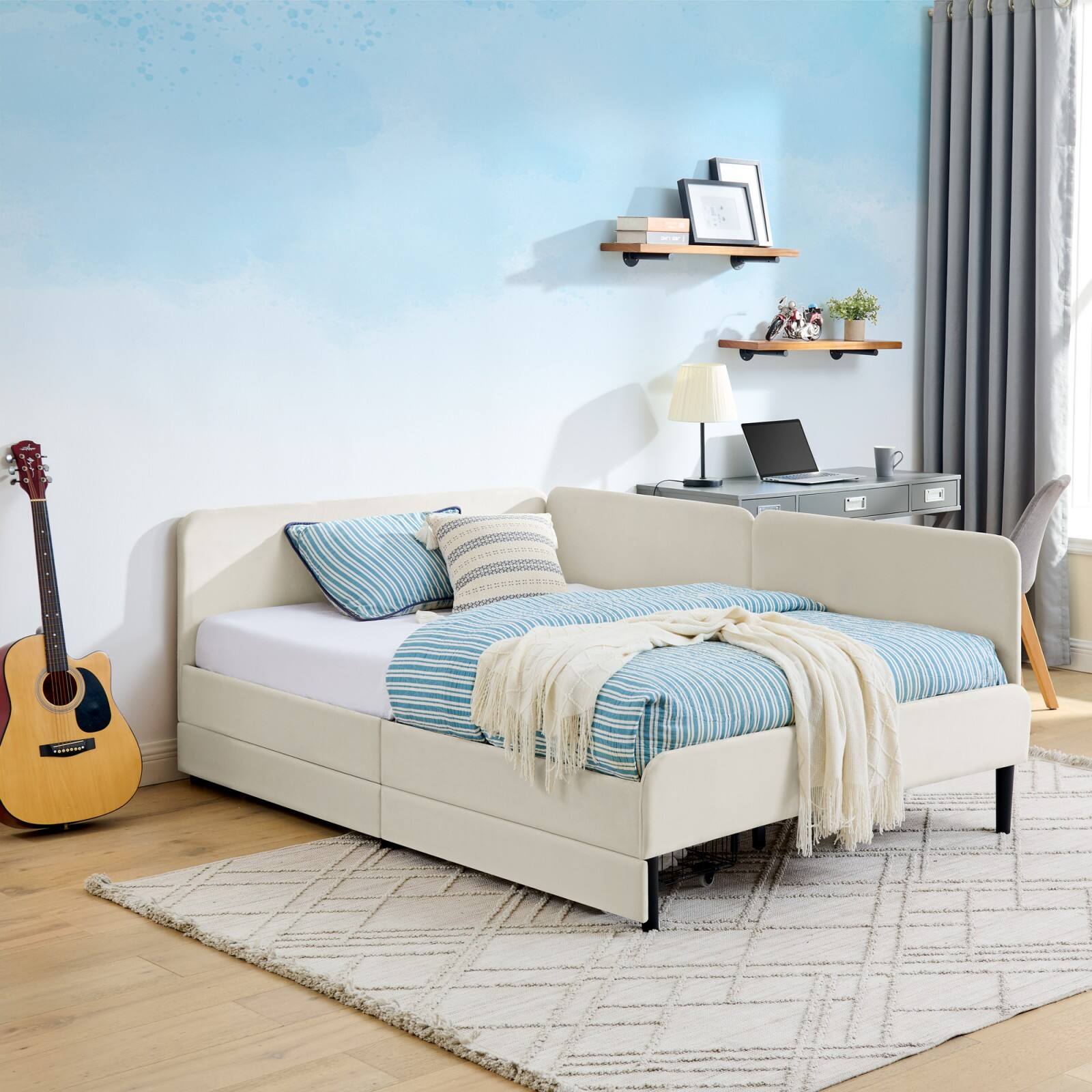 Alt View 3. Ecooso - Full Size Upholstered Platform Bed Frame with 2 Storage Drawers, Adjustable Velvet Sofa Bed - Beige.
