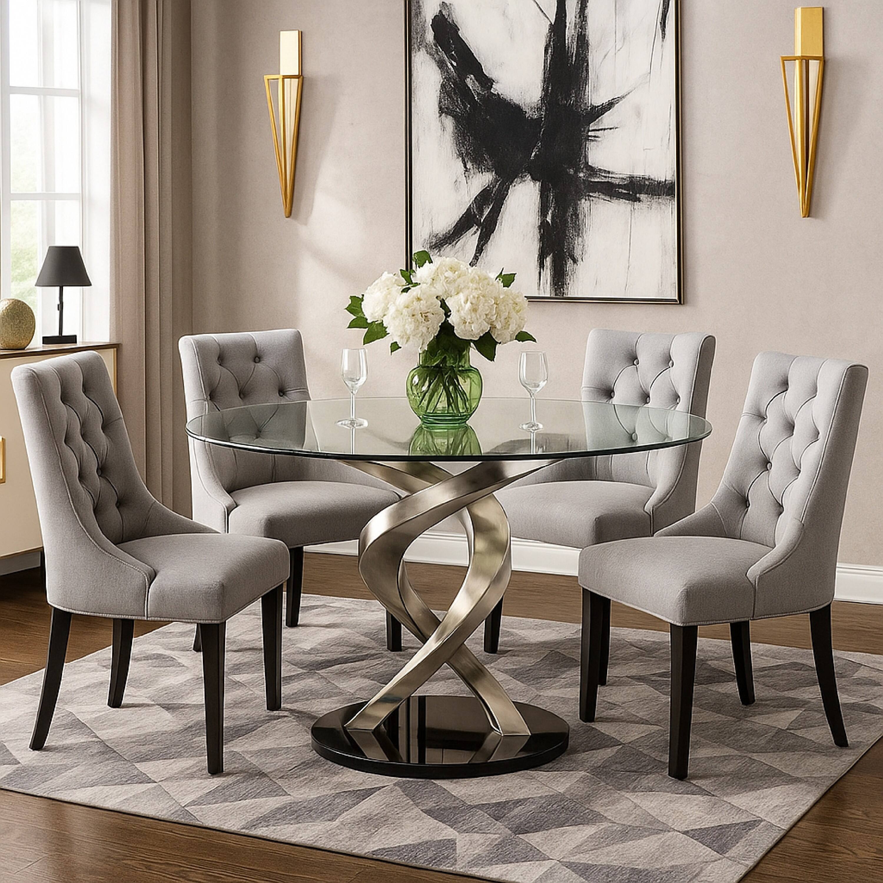 Alt View 5. Manhattan Lane - Contemporary Round Dining Table with Swirl Metal Base - Black and Silver.