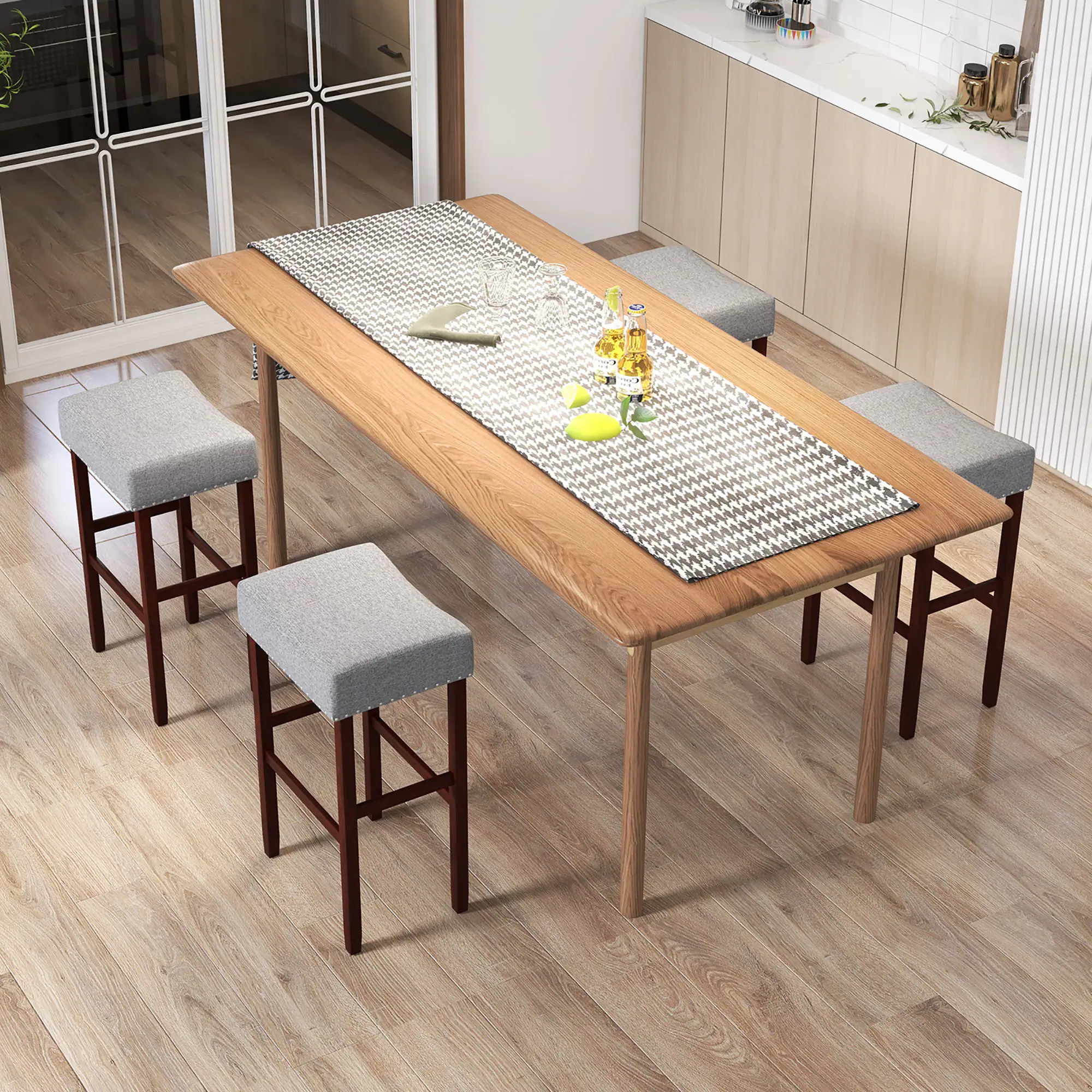 Alt View 2. Gymax - Gymax Set of 4 Bar Stools Bar Height Saddle Kitchen Chairs w/ Wooden Legs Beige - Gray + Brown.
