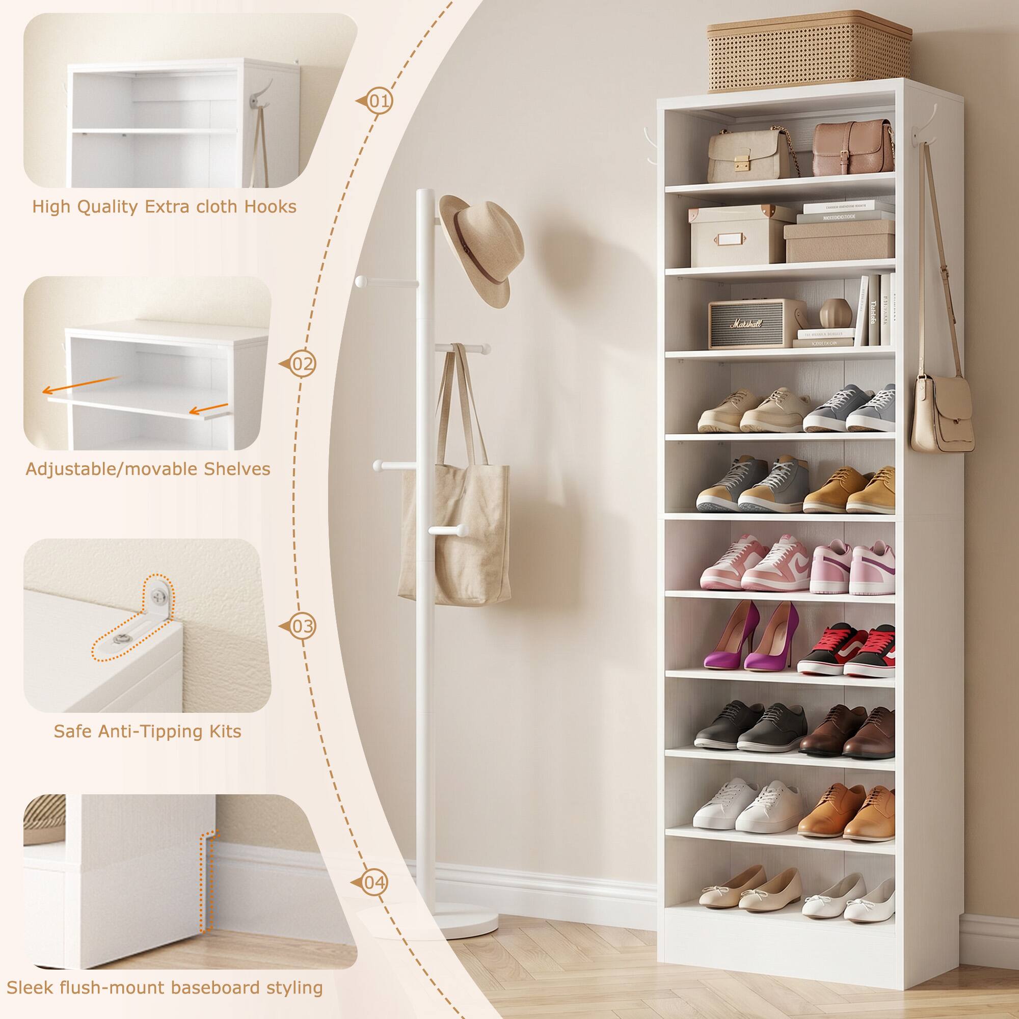 01 High Quality Extra cloth Hooks  
02 Adjustable/movable Shelves  
03 Safe Anti-Tipping Kits  
04 Sleek flush-mount baseboard styling