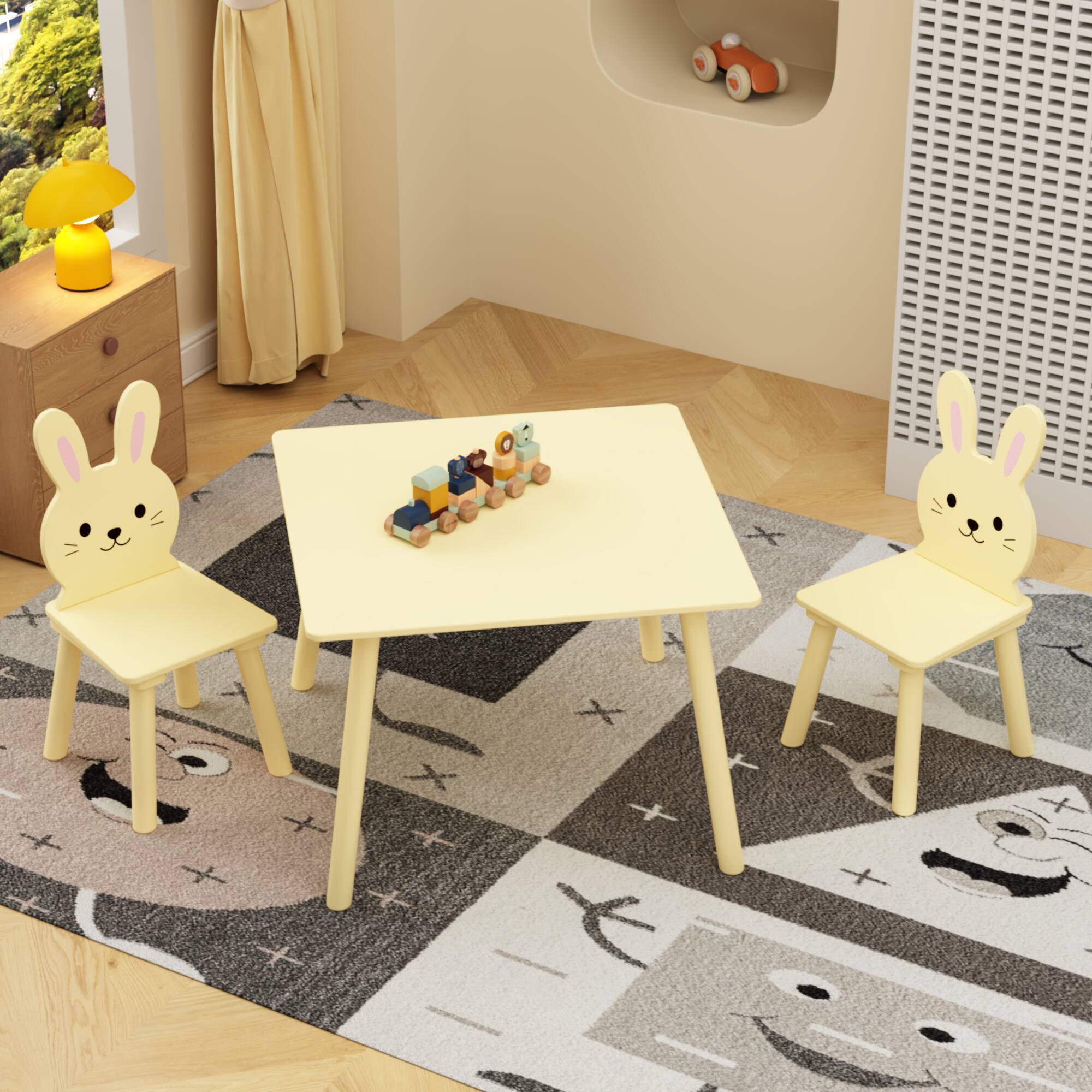 Alt View 2. Tiramisubest - Kids Table Set with 2 Bunny Chairs,Children's Wooden Activity Table for Toddlers,Cute Animal Design Study Play Set - Yellow.