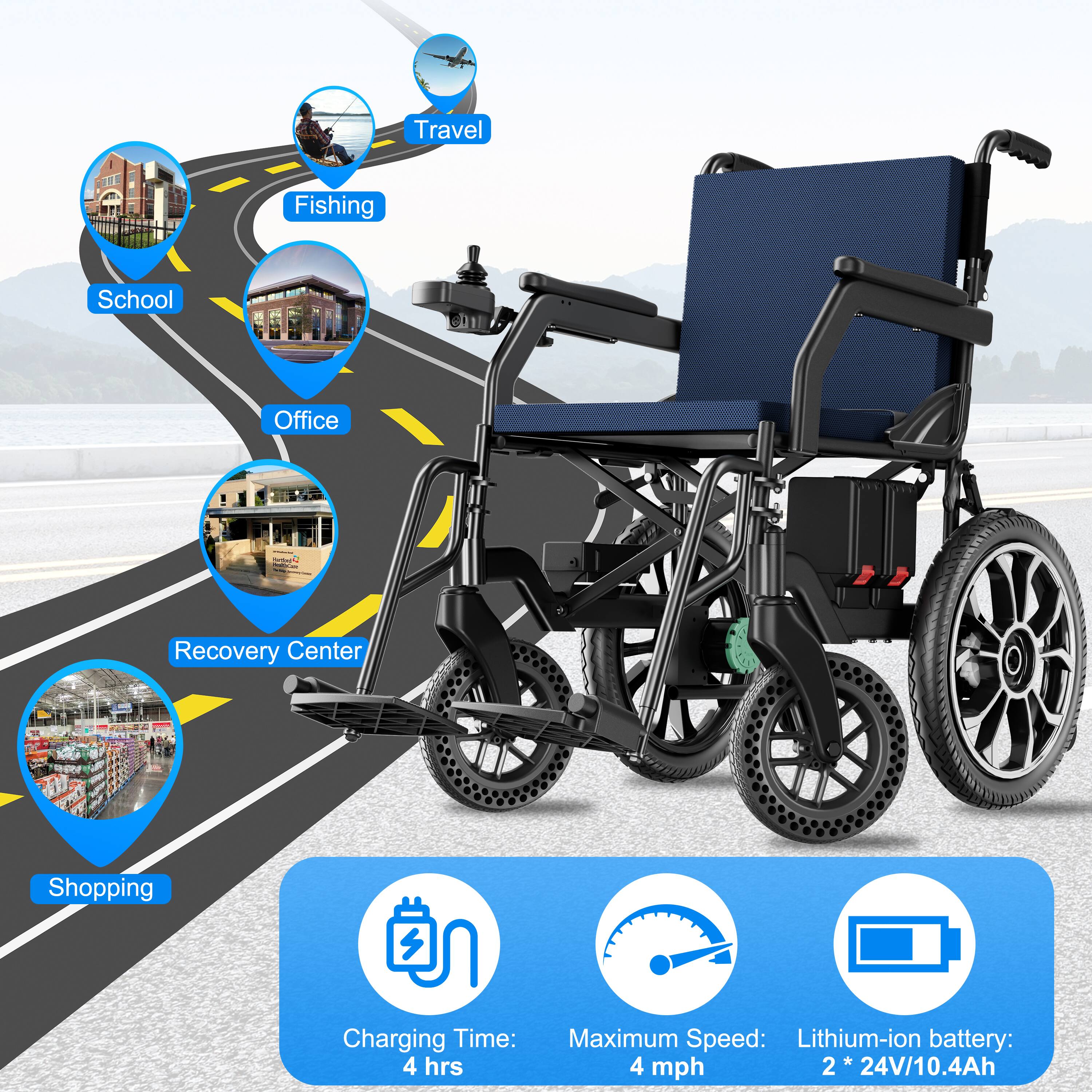 Travel Fishing School Office - | I Recovery Center Shopping  
Charging Time: 4 hrs  
Maximum Speed: 4 mph  
Lithium-ion battery: 2 * 24V/10.4Ah