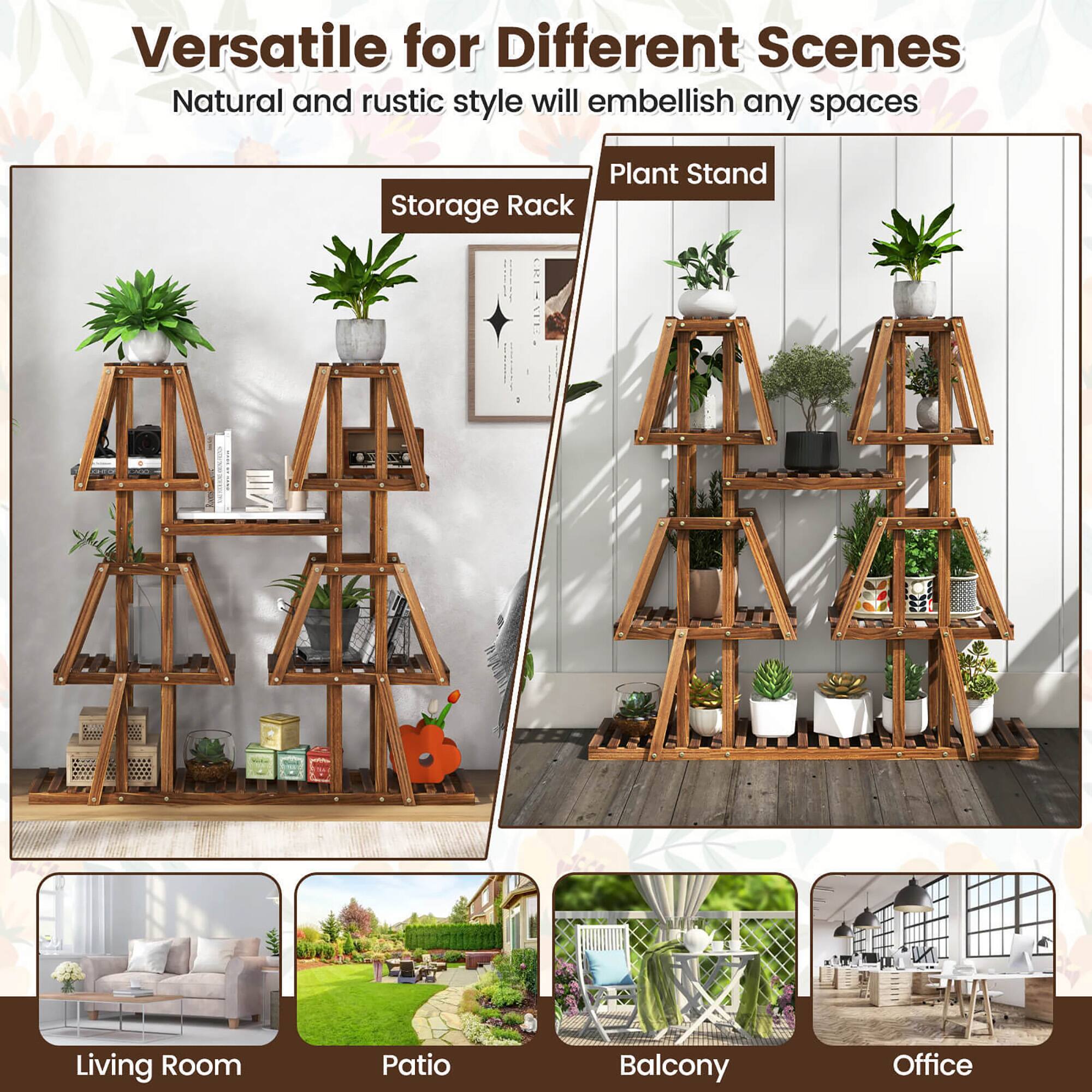Versatile for Different Scenes  
Natural and rustic style will embellish any spaces  

Storage Rack  
Plant Stand  

Living Room  
Patio  
Balcony  
Office