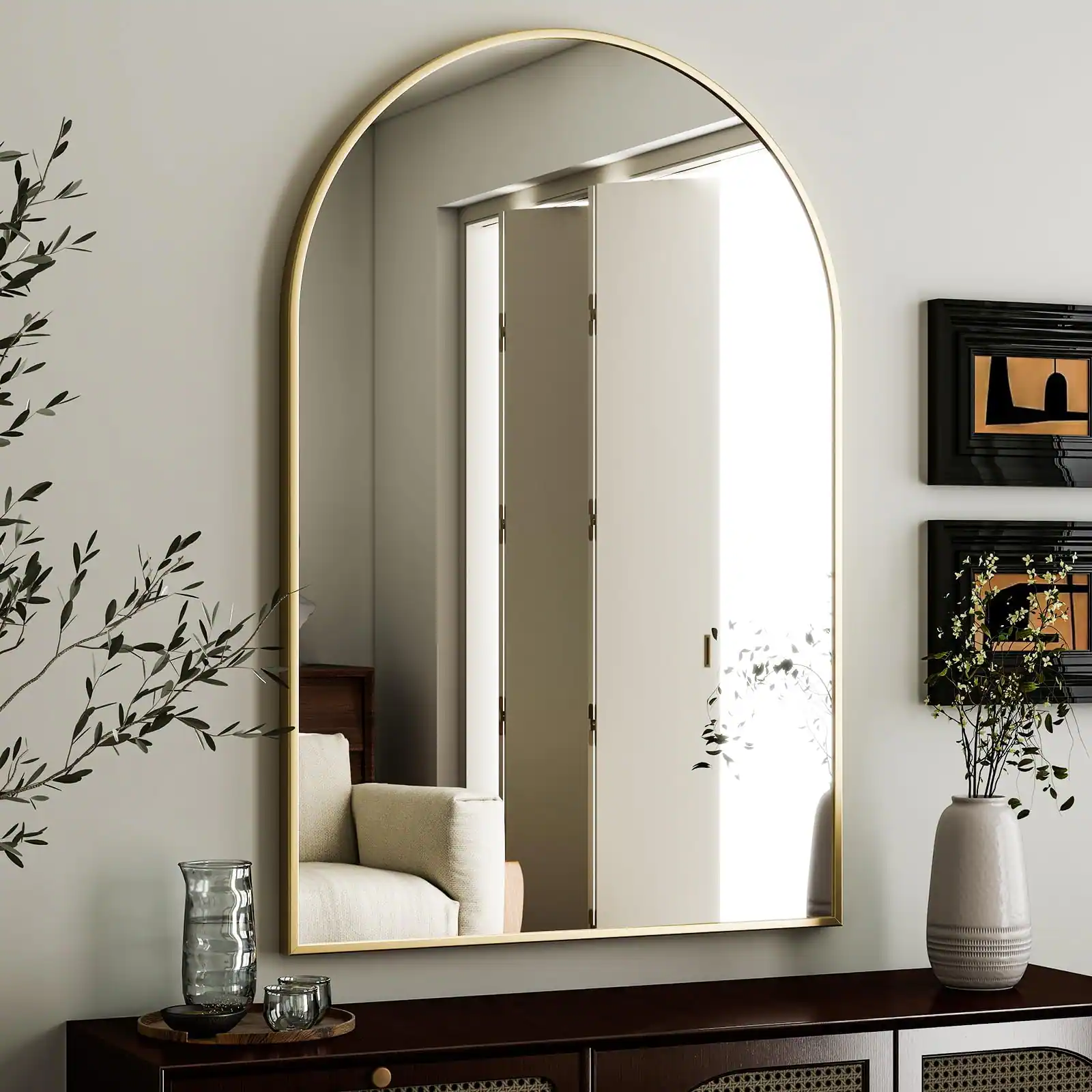 Dapper Styles - Arched Wall Mirror x36 - Metal Frame Vanity Mirrors For Bedroom Entryway Living Room Decor - Gold-42"L x 32"W