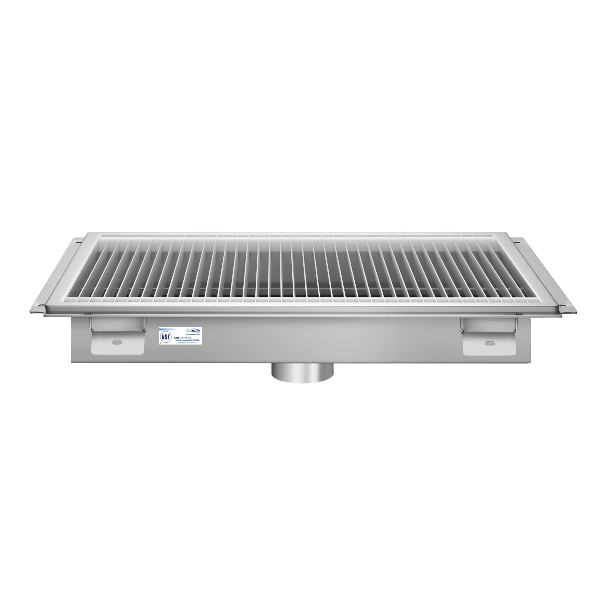 Back. Koolmore - 24" x 30" Stainless Steel Floor Trough Drain, 14-Gauge with Subway-Style Grating & Removable Drain Basket, NSF Listed - Stainless-Steel.