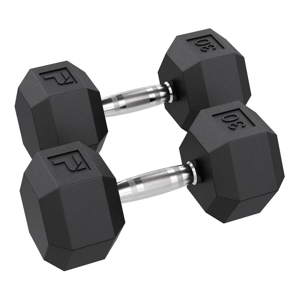 Front. Power Systems - 30 lb Rubber Hex Dumbbells, Pair of Dumbbells w/Ergonomic Grip & Hexagonal Dead Design - Black.