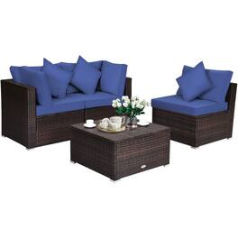 Pefilos - 4 Pieces Ottoman Garden Patio Rattan Wicker Furniture Set with Cushion-Navy, Wicker Furniture Conversation Sets, Coffee - Blue