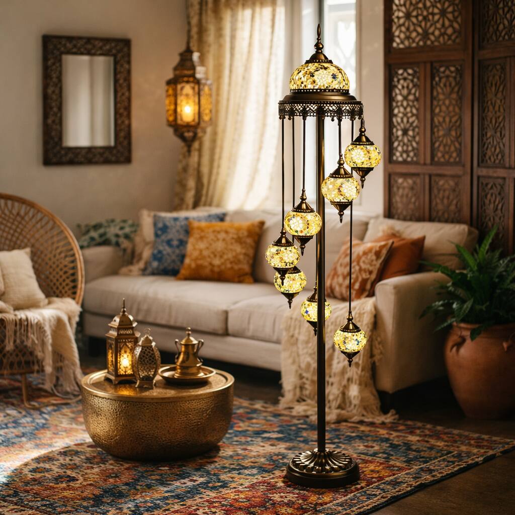 Front. FC Design - 65"H Antique Bronze Base Spiral Turkish Lamp w/ 7 Hanging Bulbs.