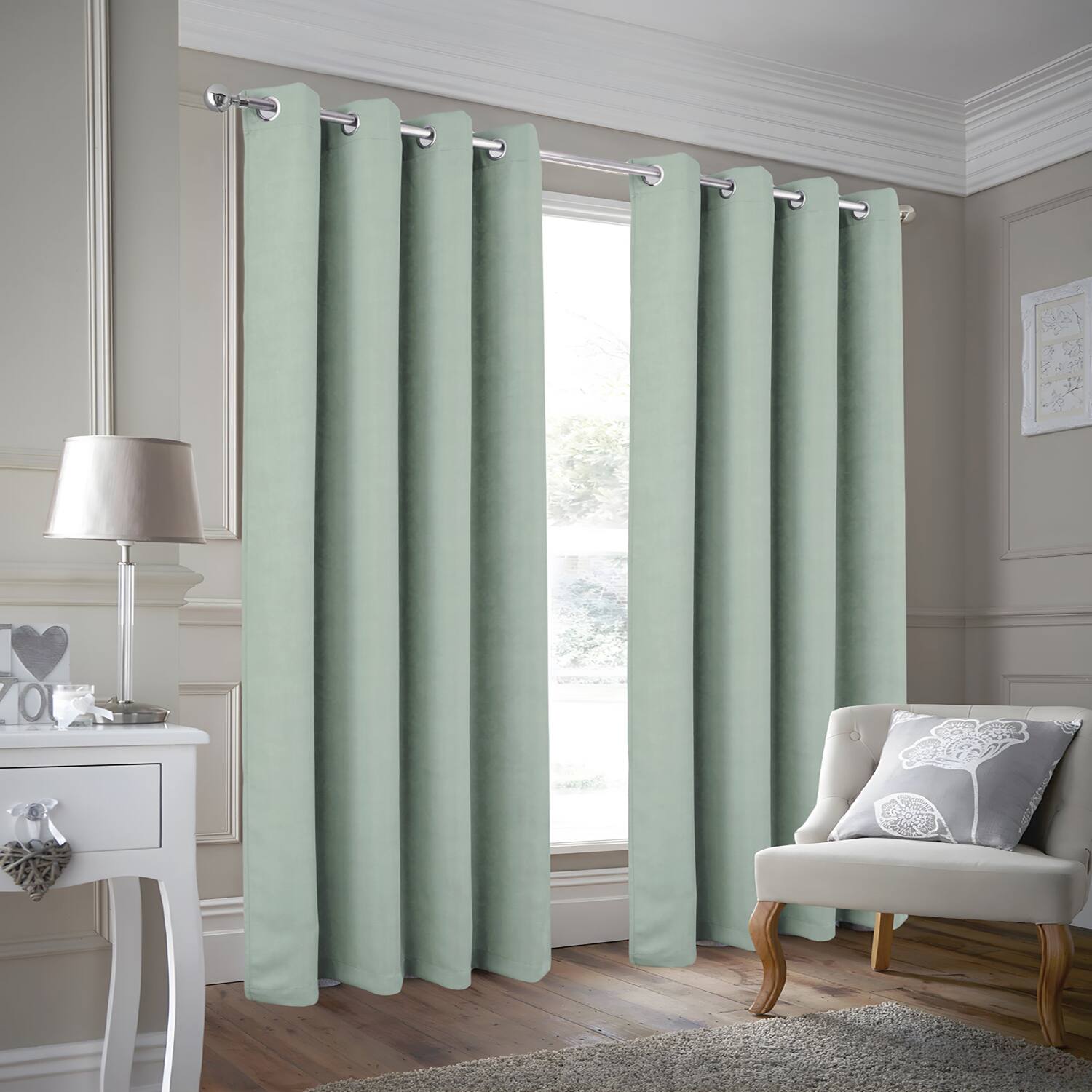 Left. Olivia Gray - Olivia Gray 100% Polyester 190 GSM Justice Reversible Blackout Grommet Curtain Panel 54" x 90" Sage - Sage.
