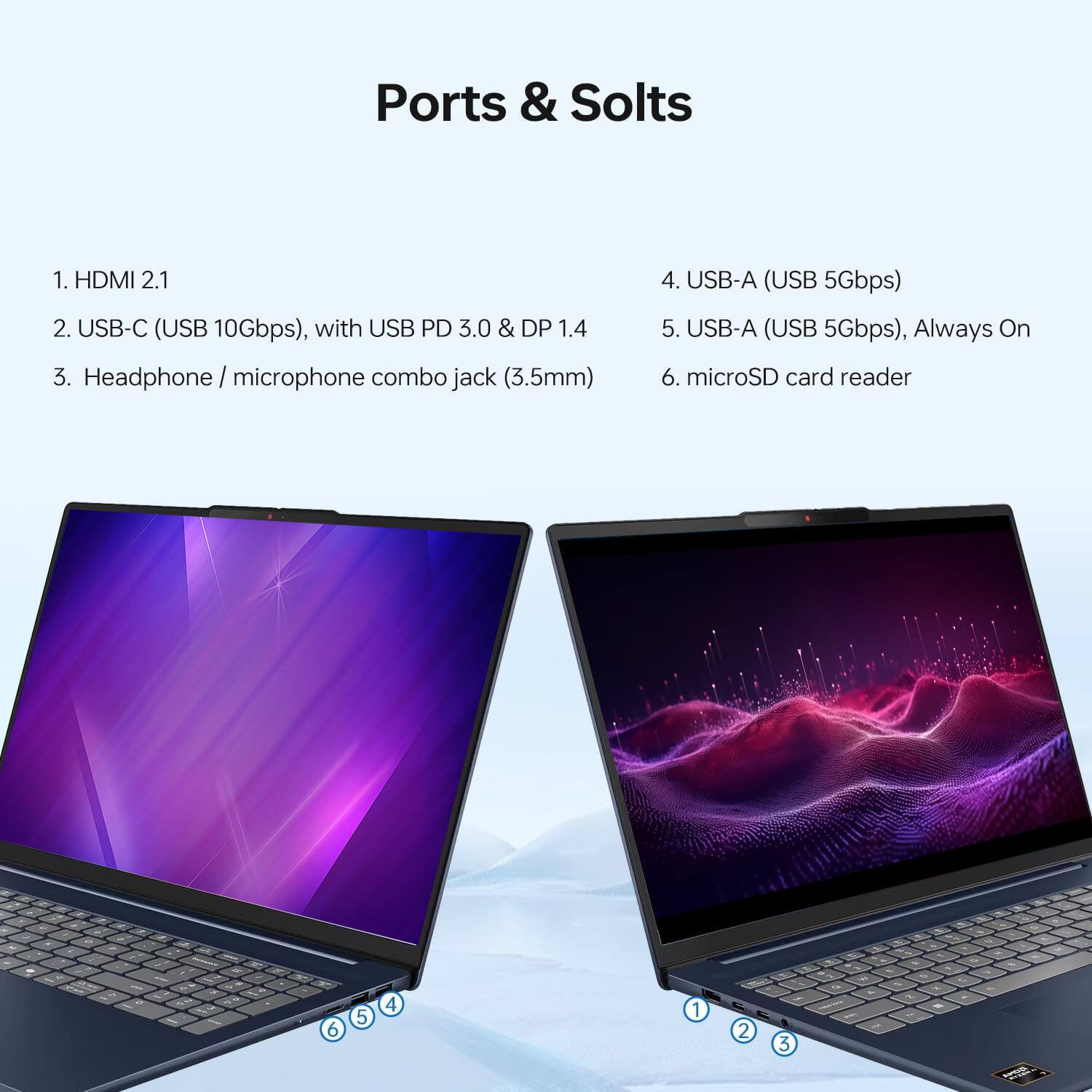 Ports & Slots

1. HDMI 2.1
2. USB-C (USB 10Gbps), with USB PD 3.0 & DP 1.4
3. Headphone / microphone combo jack (3.5mm)
4. USB-A (USB 5Gbps)
5. USB-A (USB 5Gbps), Always On
6. microSD card reader