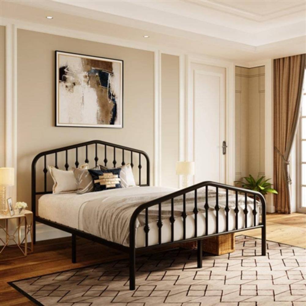 Angle. Hivvago - Queen Farmhouse Spindle Black Metal Platform Bed Frame with Headboard Footboard - Black.