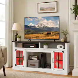 WELLFOR - TV Stand for 50" TV with Remote Control, LED Entertainment Center with Glass Door Media Console Cabinet - White