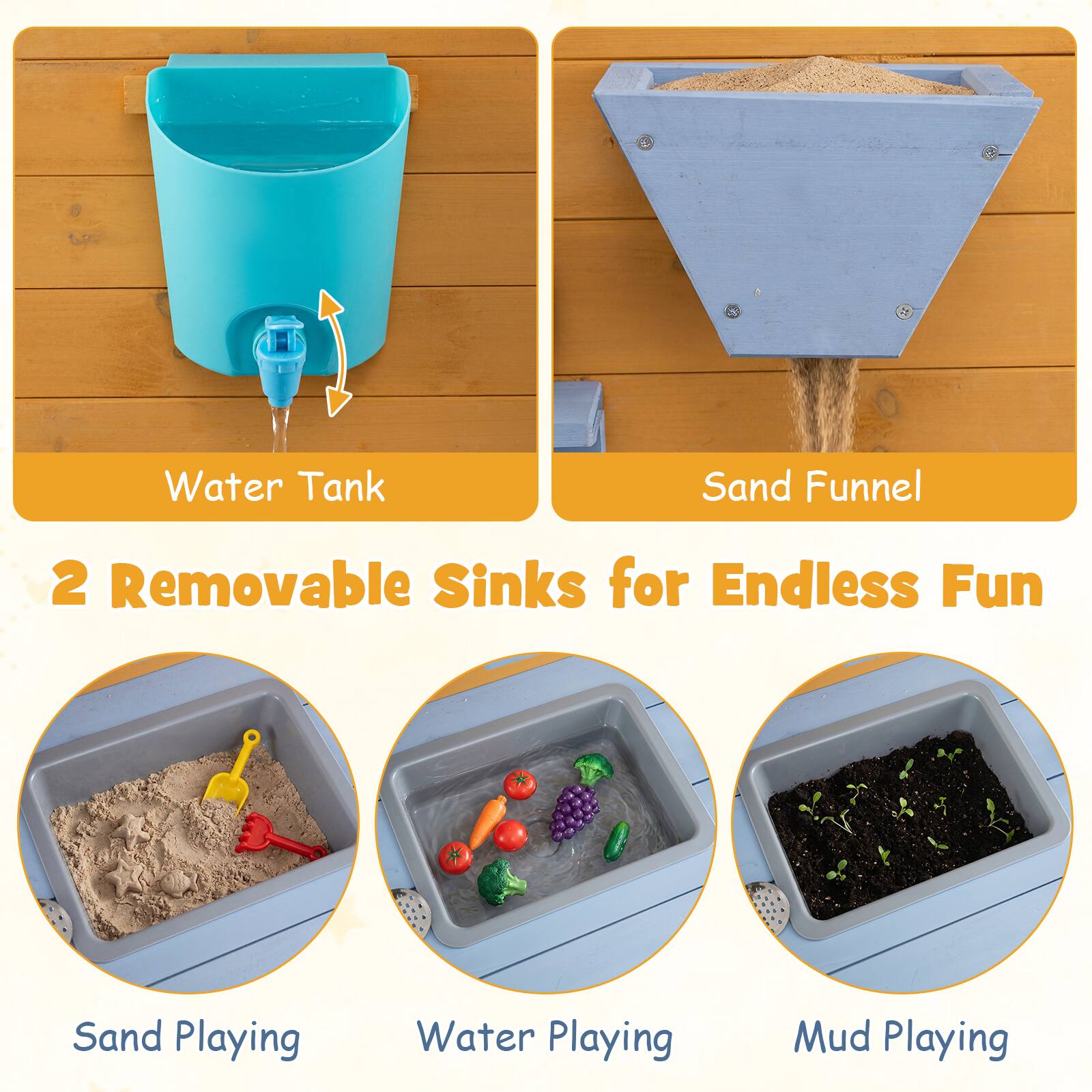 Water Tank Sand Funnel 2 Removable Sinks for Endless Fun  
Sand Playing Water Playing Mud Playing