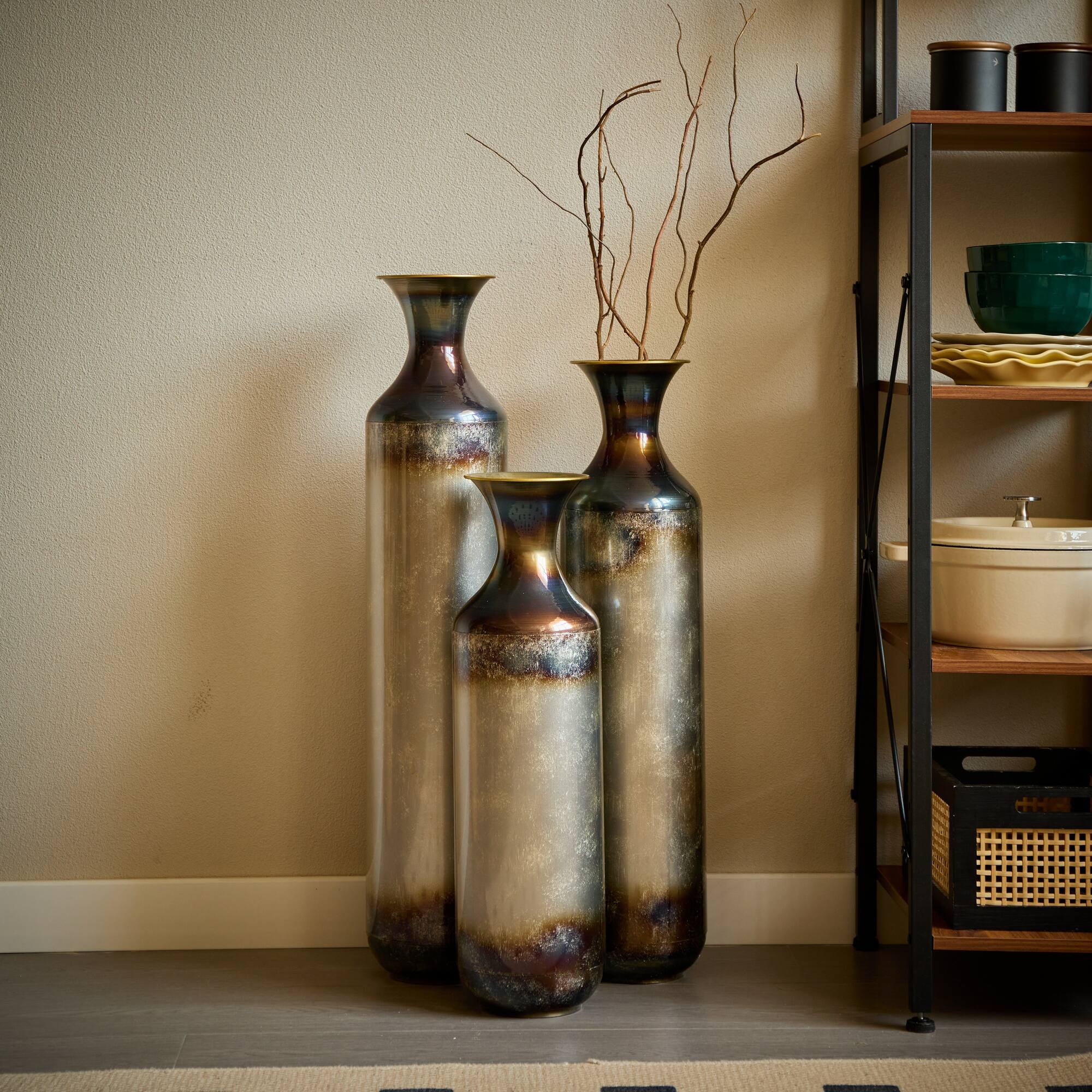 Alt View 2. Boyel Living - Set of 3 Tall Metal Floor Vases with Burnt Ombre Pattern - Gold+White.