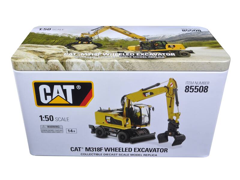 1:50 SCALE  
FCAdN 10502  
GAT M318F WHEELED EXCAVATOR  
COLLECTIBLE DIECAST SCALE MODEL REPLICA  
R CAT  
1:50 SCALE  
A WARNING:  
OHOENG ZARS  
Small parts  
14+  
3 - dddens -indtr  
1 CAT  
CAT ITEM NUMBER 85508  
CAT M318F WHEELED EXCAVATOR  
COLLECTIBLE DIECAST SCALE MODEL REPLICA