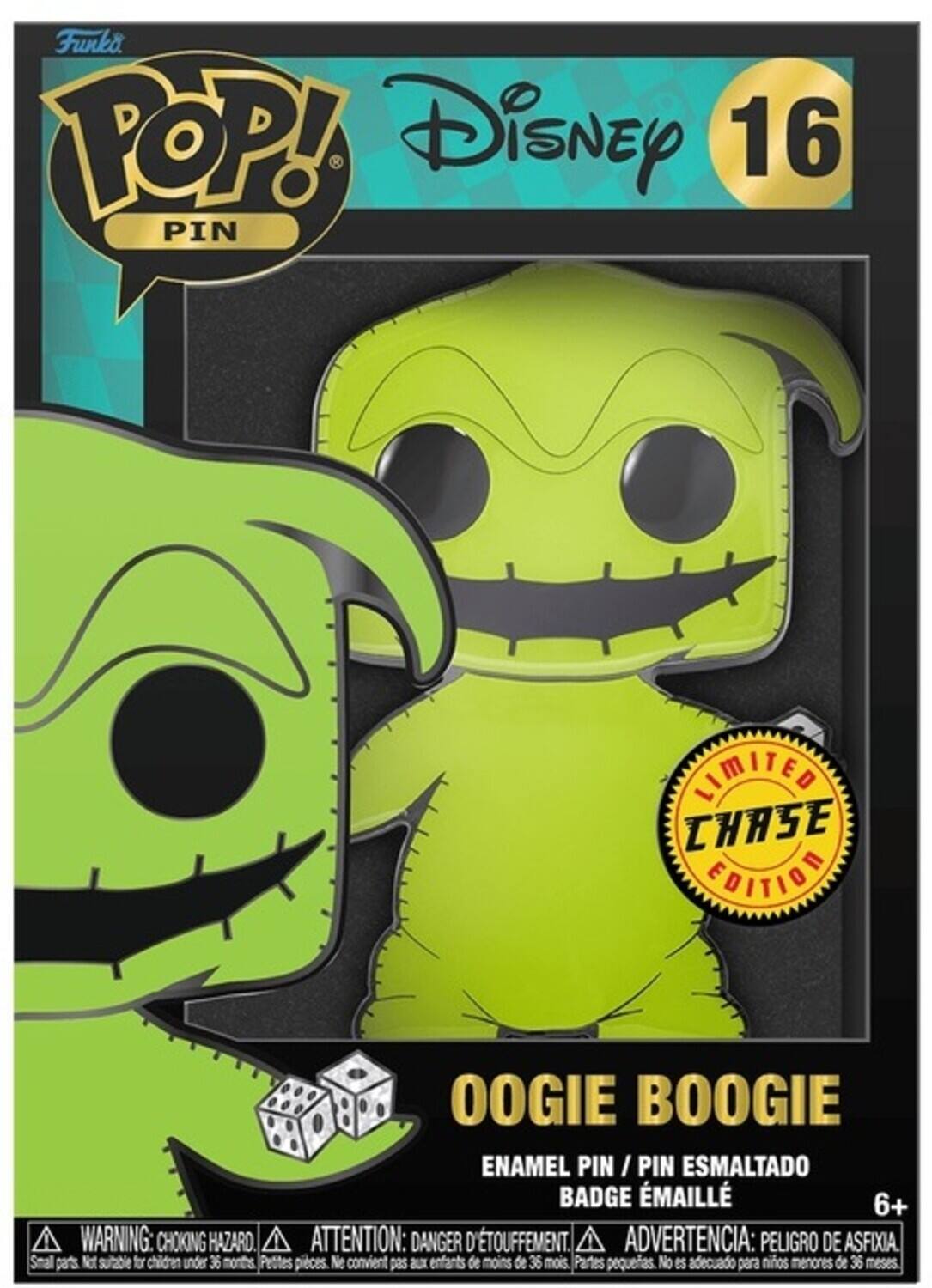 Funko POP! Disney 16 PIN LIMITED CHASE EDITION OOGIE BOOGIE ENAMEL PIN / PIN ESMALTADO BADGE ÉMAILLE. WARNING: CHOKING HAZARD ATTENTION: DANGER D'ÉTOUFFEMENT. ADVERTENCIA: PELIGRO DE ASFIXIA. Small parts. Not suitable for children under 36 months. Petites pièces. Ne convient pas aux enfants de moins de 36 mois. Partes pequeñas. No es adecuado para niños menores de 36 meses.