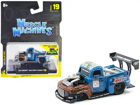 8+ MODEL 19 DIE-CAST MUSCLE MACHINES COLLECTION 1:54 + DISPLAY STAND INCLUDED!
"OLD SMOKEY" 1949 FORD F1 PICKUP
128 AMSOIL
GAS TURBO