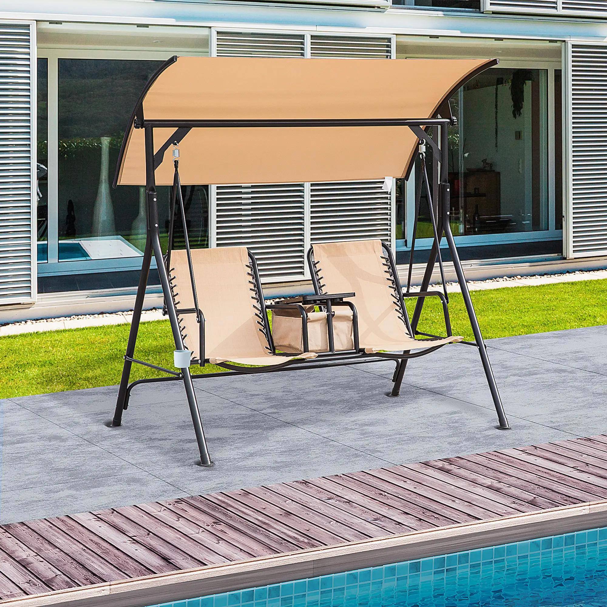 Left. Resenkos - Resenkos 2-Person Swing With Canopy, Storage, Cup Holder, Blue, Outdoor Porch Seating, Beige/Black.