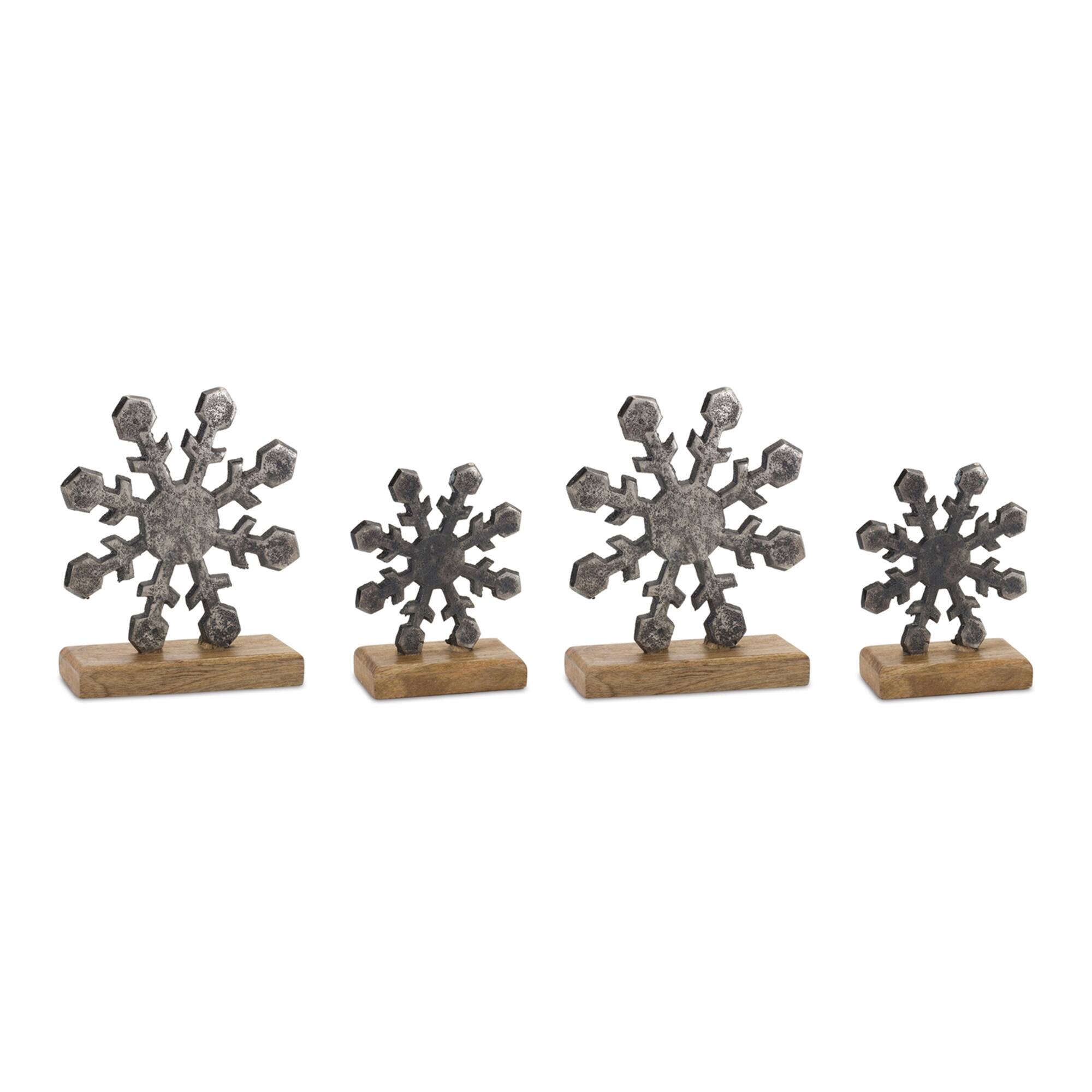 Back. BreeBe - Metal Snowflake on Wood Base (Set of 6) - Silver, Brown.