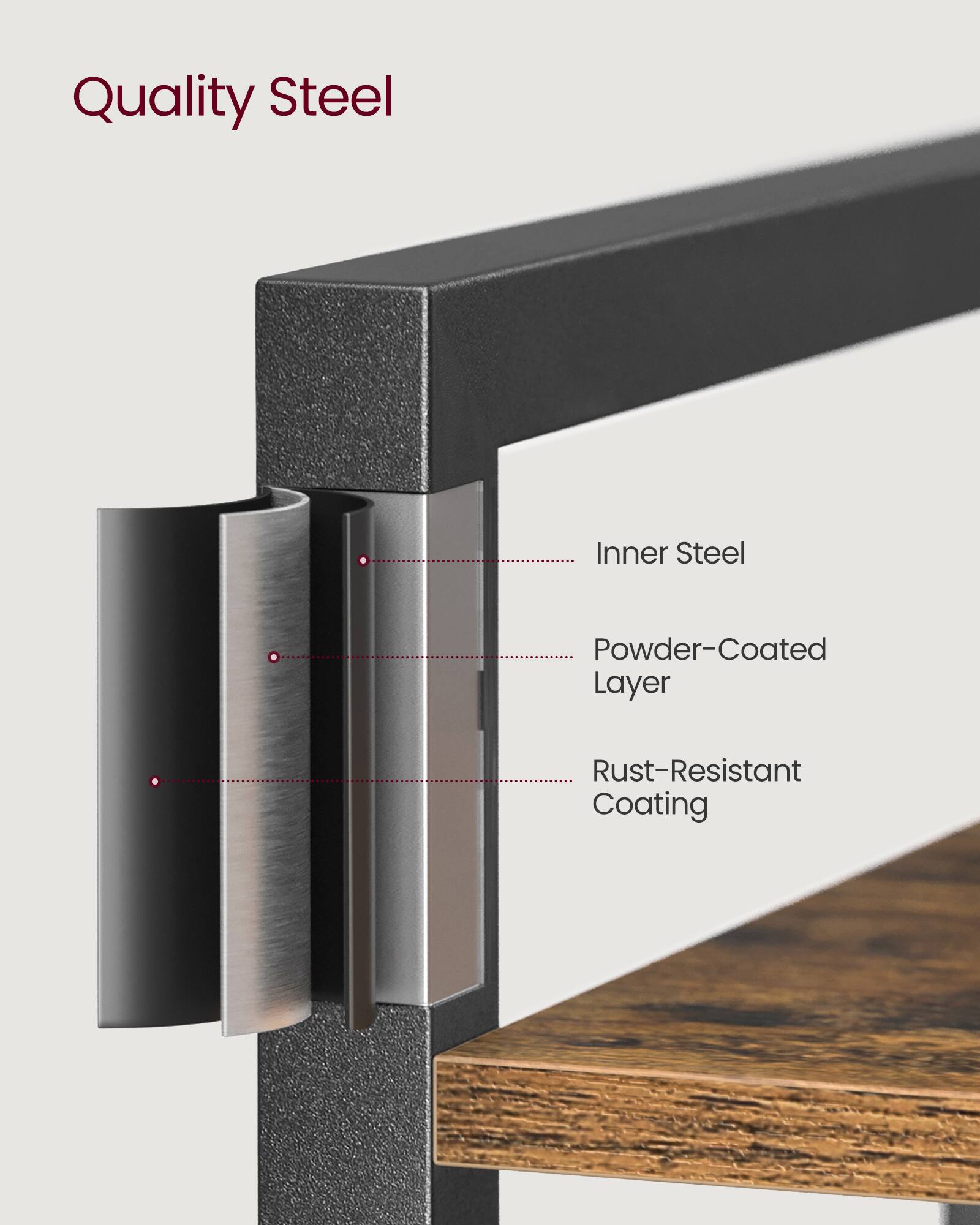 Quality Steel

- Inner Steel
- Powder-Coated Layer
- Rust-Resistant Coating