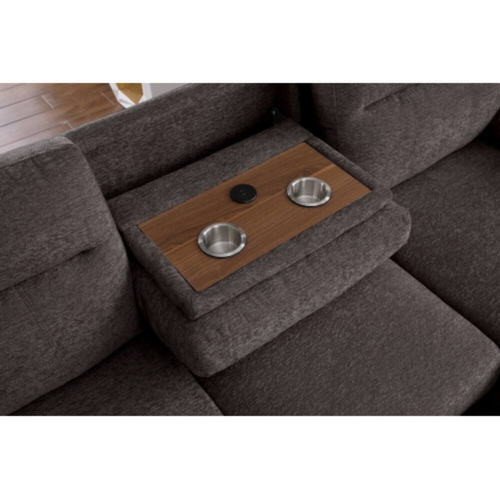 Back. LUCKY ONE - 94" Brown Chenille Sleeper Sectional Sofa with Right-Facing Storage Chaise, Pull-Out Bed, USB Console, Cupholders - Brown.