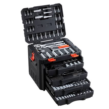 Front. VEVOR - Mechanics Tool Set, 297-Piece Mechanic Tool Kit, 1/4 in, 3/8 in, and 1/2 in Drive, SAE and Metric Socket Set, Wrenches - Black.