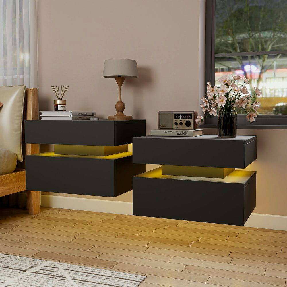 Alt View 6. Kadyn - Wall-Mounted LED Nightstand with 2 Drawers and 3 Light Modes for Bedroom, Black - Black.