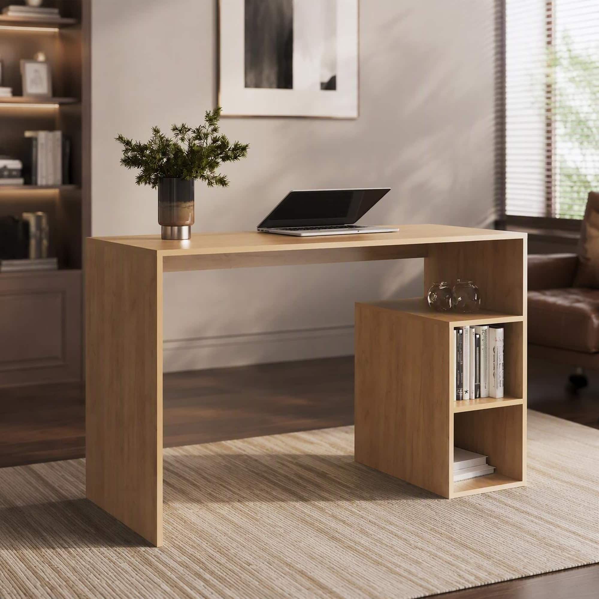 RYHNUYNE - 47.2 in Natural Writing Desk, Four Shelves, Compact Home Office and Study Workstation, 47.2x20.5x29.8 inches - Oak