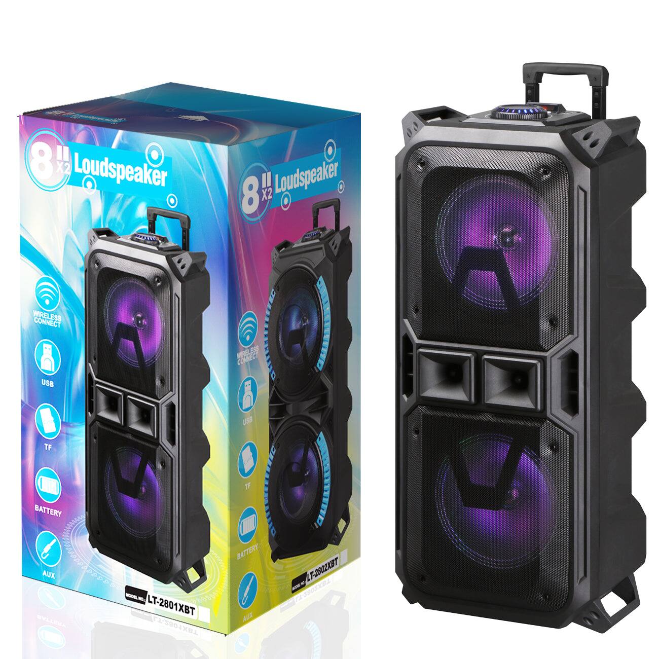 8" x2 Loudspeaker
Wireless Connect
USB
TF
Battery
AUX
LT-2801XBT