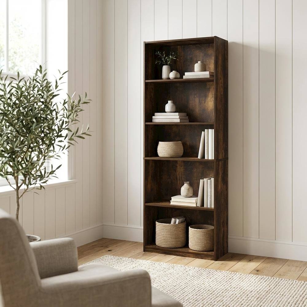 Left. FurniFact - Wooden Bookcase in Finish with Open Shelves for Living Room Storage - Amber Oak.