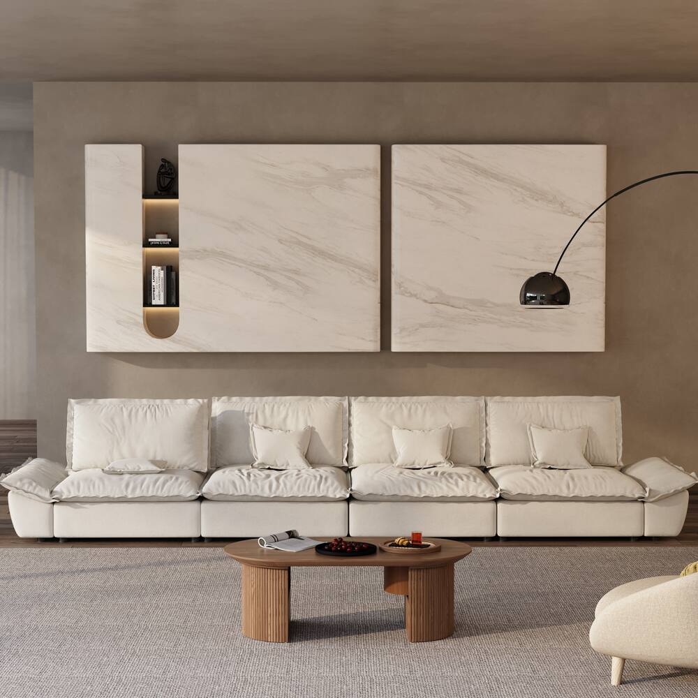 Angle. POVISON - 182.67" Modern Deep Sofa with Adjustable Backrest - Beige Suede Fabric.