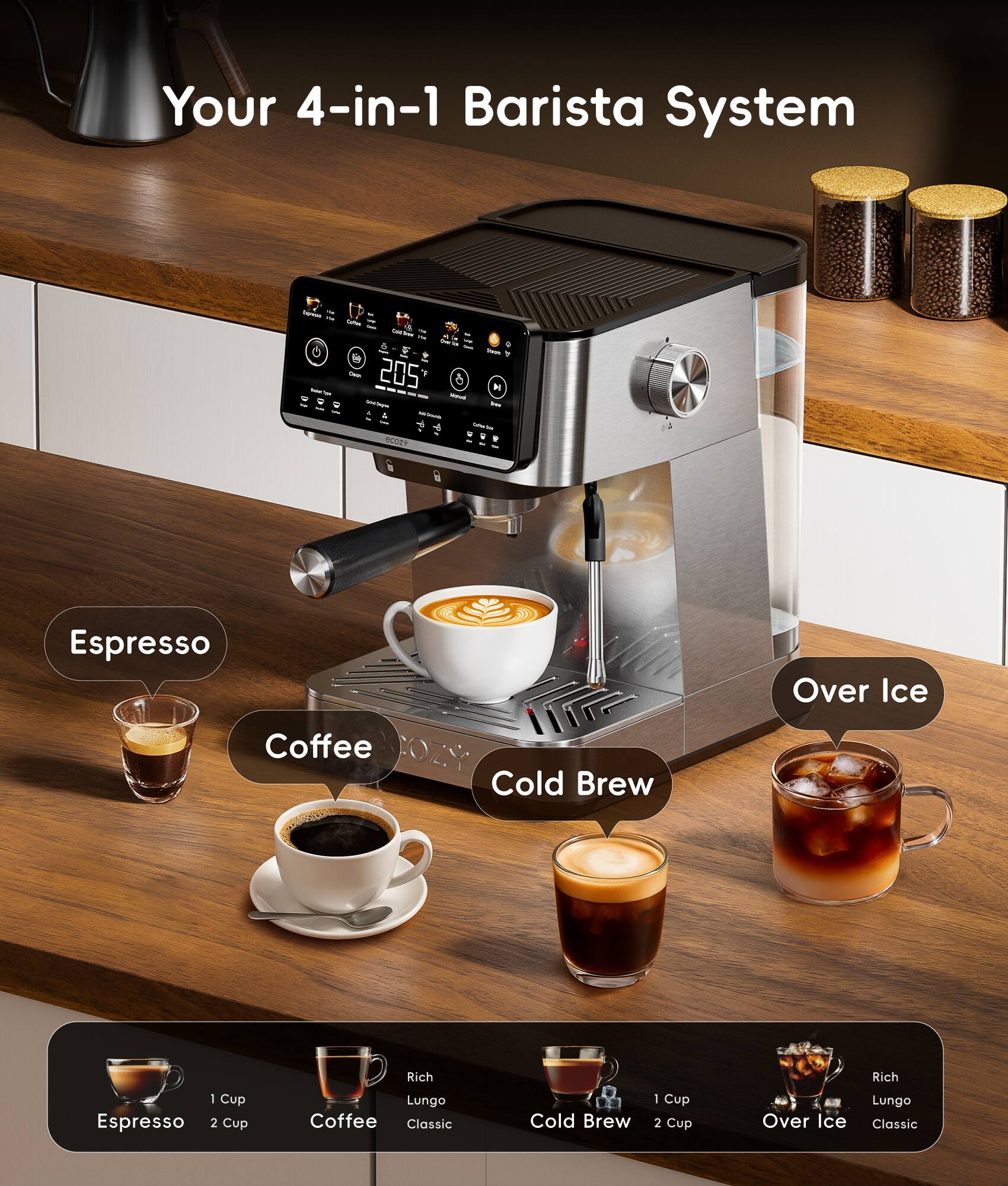 Your 4-in-1 Barista System

Espresso
Coffee
Cold Brew
Over Ice

Espresso
1 Cup
2 Cup

Coffee
Rich Lungo
Classic

Cold Brew
1 Cup
2 Cup

Over Ice
Rich Lungo
Classic