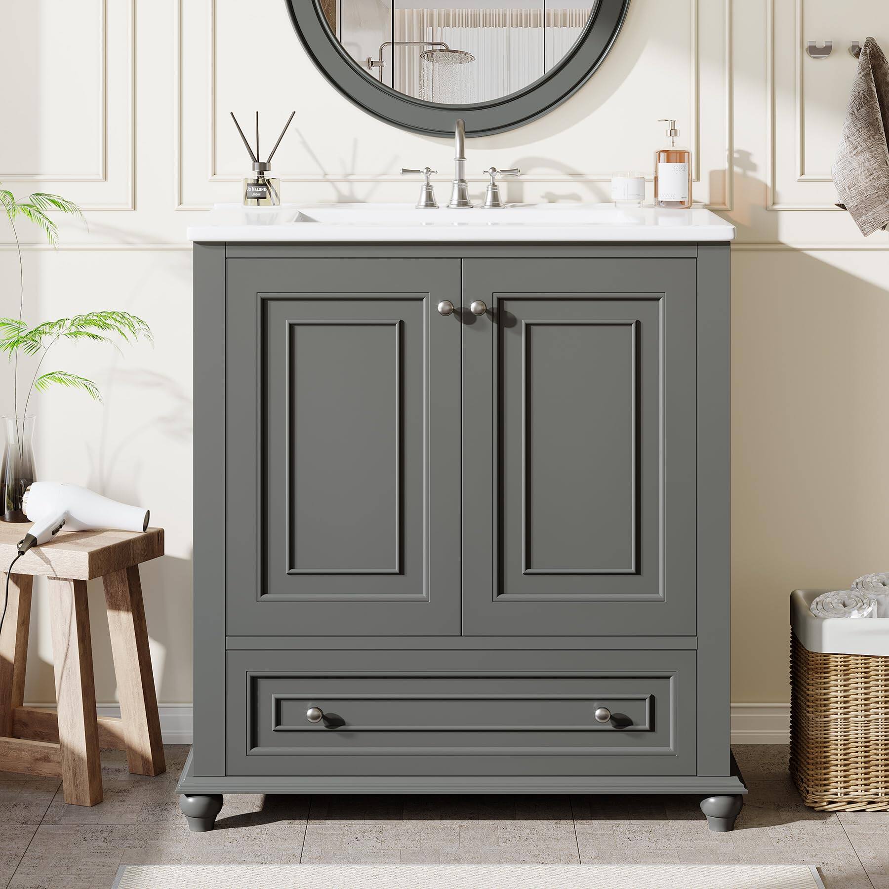 Front. Tribesigns - 30" Bathroom Vanity with Ceramic Sink Combo, Solid Wooden Frame - Charcoal Grey.