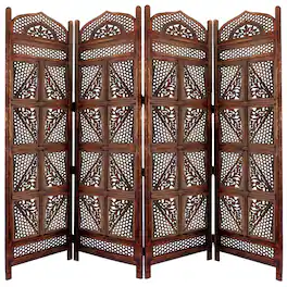 Manhattan Lane - Traditional Four Panel Wooden Room Divider with Hand Carved Details - Brown