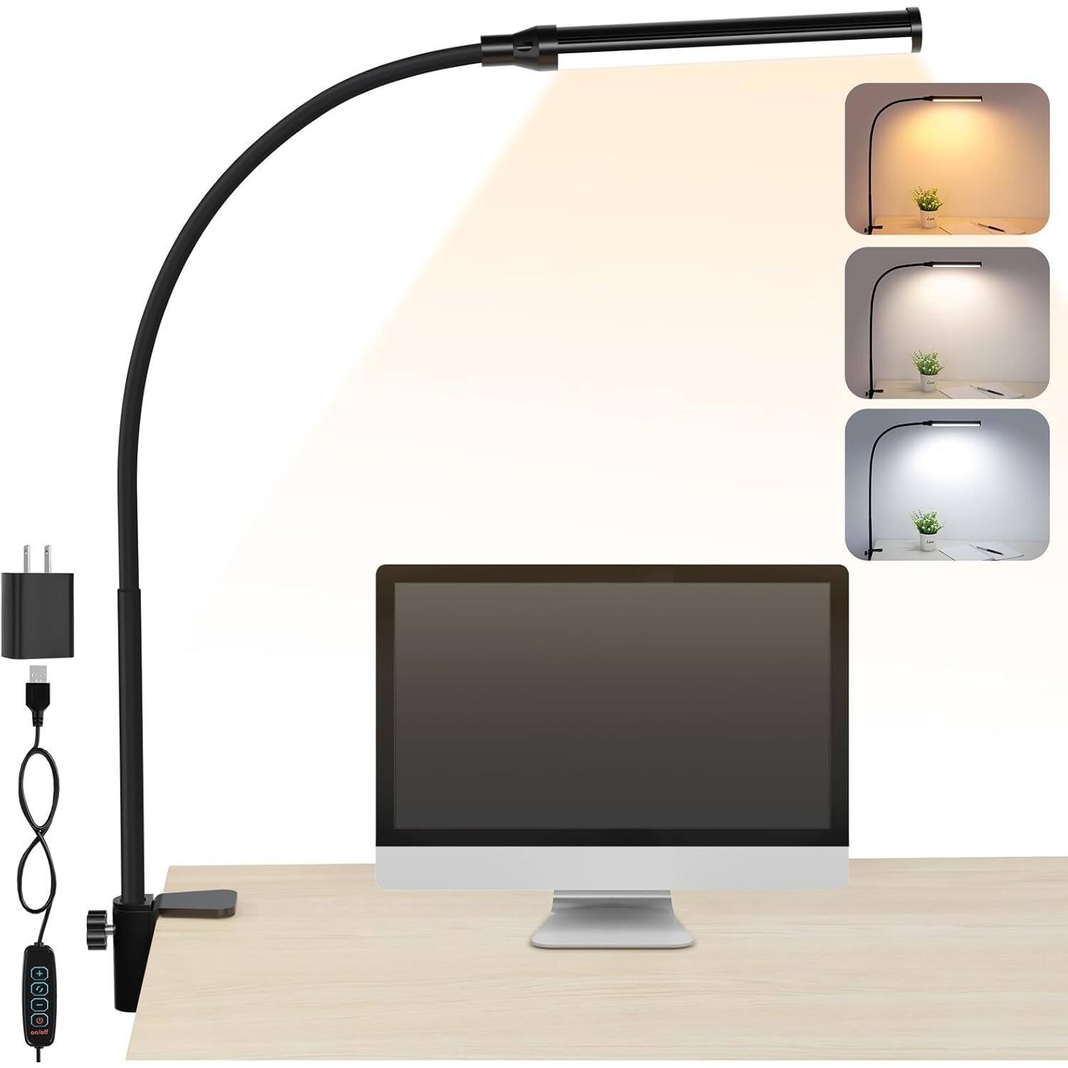 Front. PARKER SLATER - LED Desk Lamp with Clamp, Eye-Caring Clip Light, 3 Color Modes, Flexible Gooseneck, Black - Black.