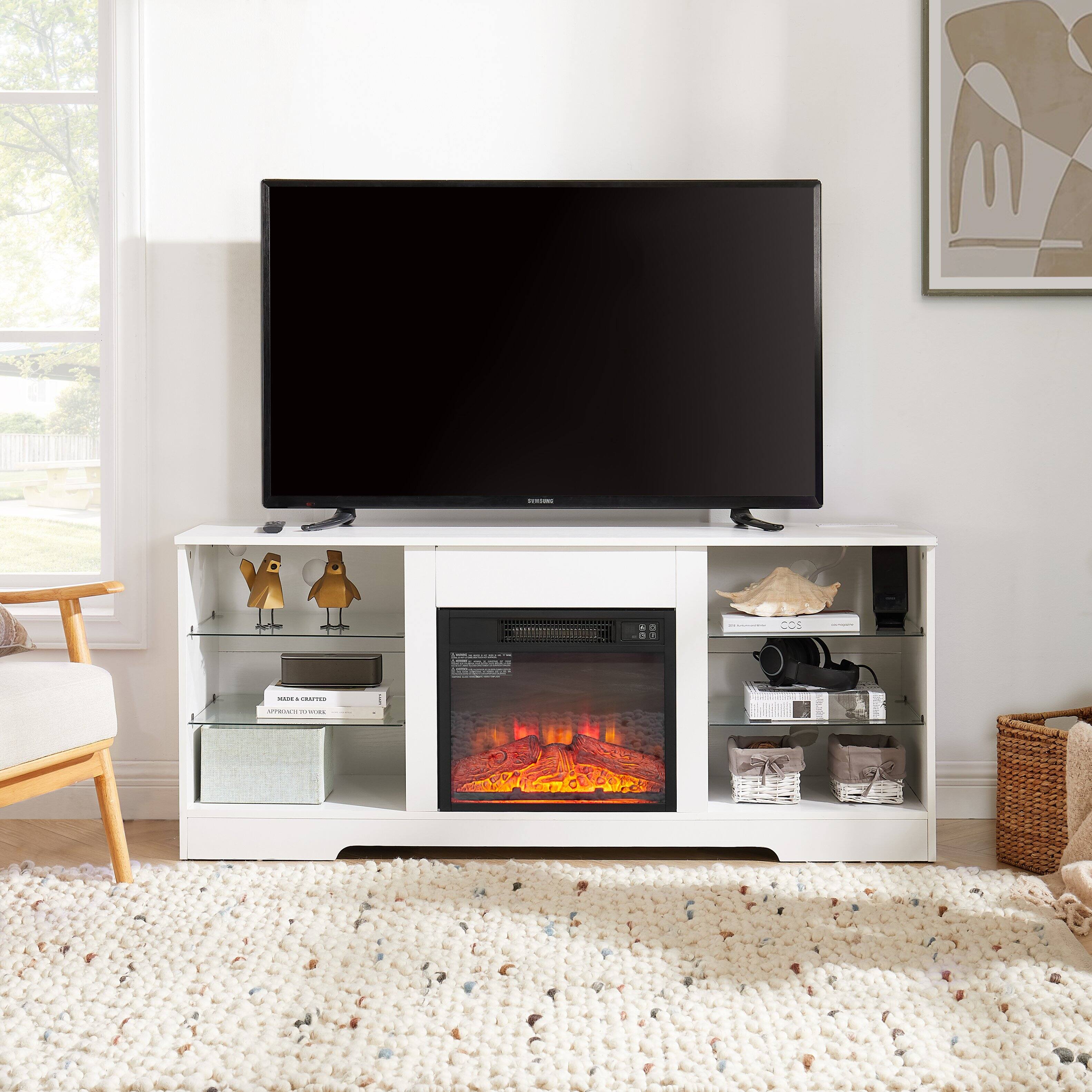 Alt View 1. Ecooso - Electric Fireplace TV Stand with Glass Shelves & LED Lights for 32-62" TVs, USB Charging, Modern Design - 58-inch Width - White.