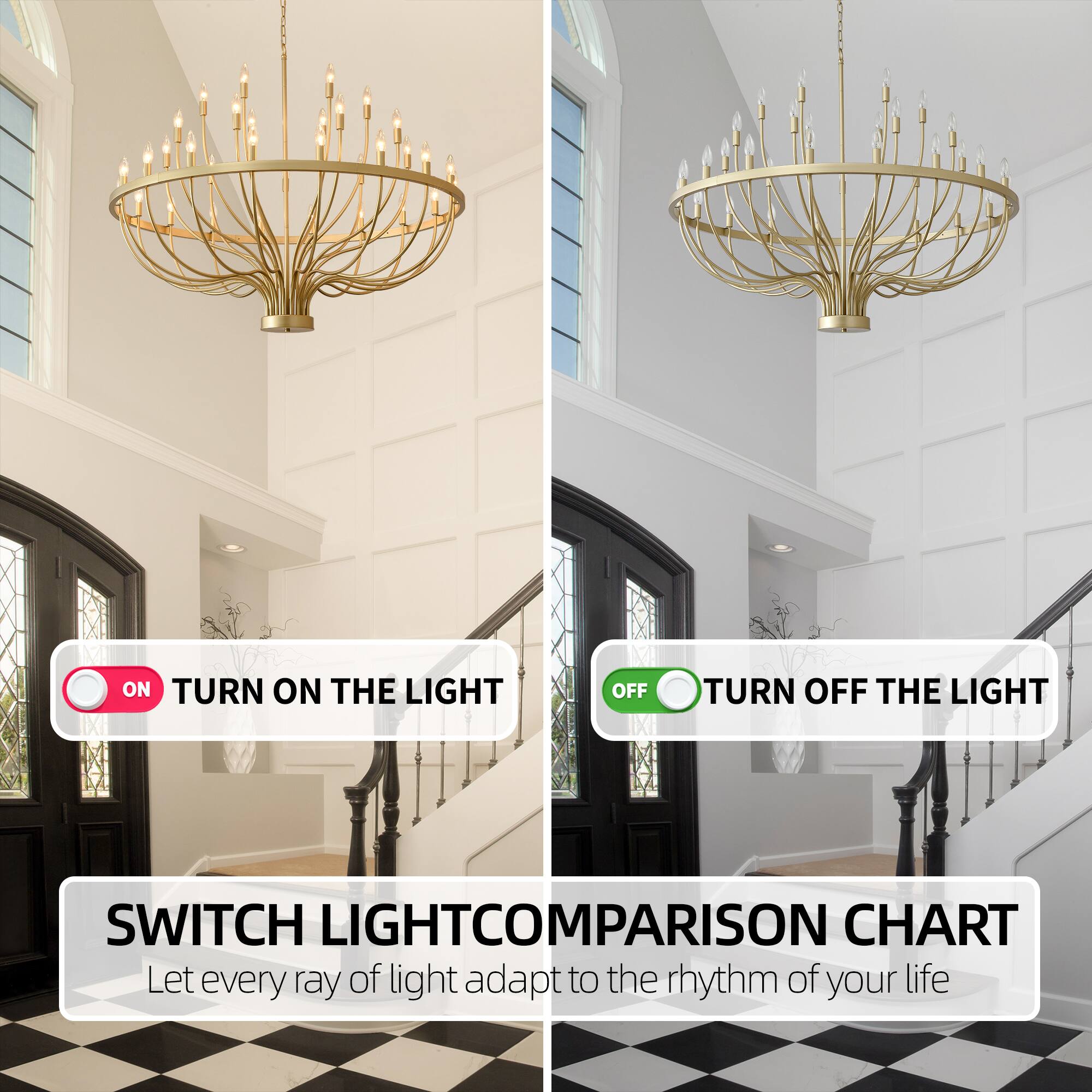 Alt View 2. RYHNUYNE - 33-Light Gold Chandelier 47.2in Candle Chandelier Modern Farmhouse Pendant Lighting Fixture for Kitchen Foyer Entryway - Gold.