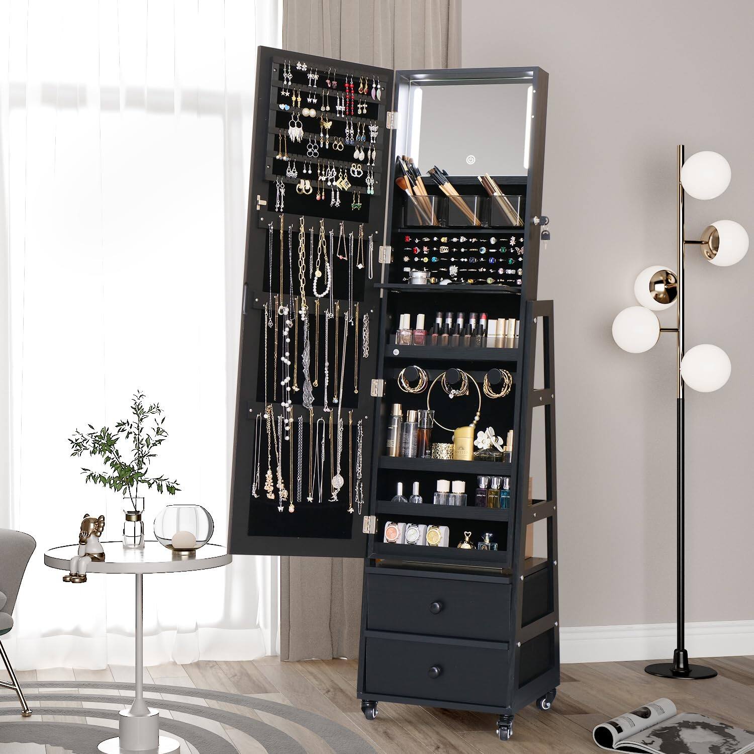 Alt View 3. TECH SAFARI - Cabinet With Standing Mirror Lockable Full Length Drawers Organizer Armoire Wheels Floor Storage Shelves Fo - Black 63*16.