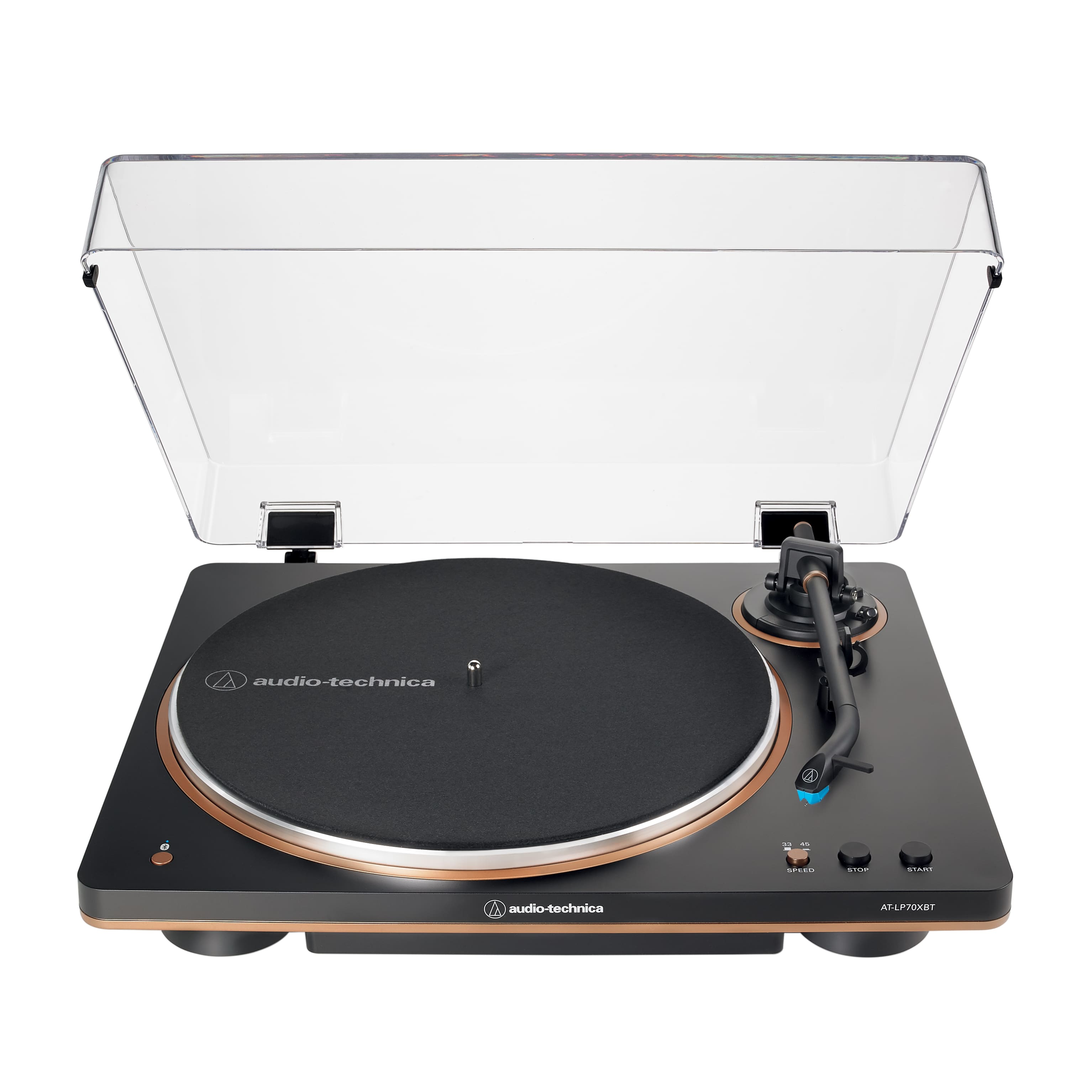 Audiotechnica 2-BE.EO is a turntable with a black platter and a white case.