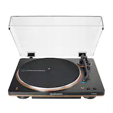 Audiotechnica 2-BE.EO is a turntable with a black platter and a white case.
