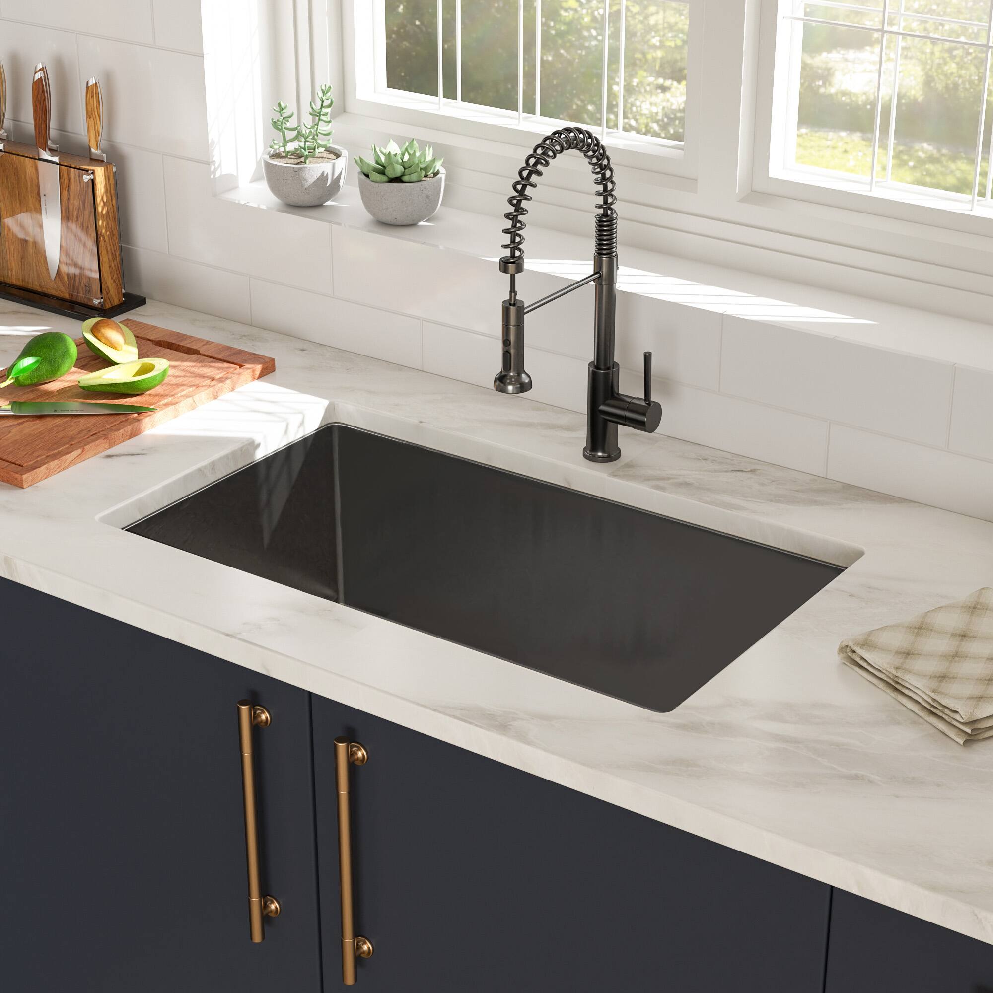 Angle. Siljoy - 30"x18"x9" Gunmetal Black Undermount  Kitchen Sink 16 Gauge Single Bowl with Drain Assembly - Gunmetal Black.