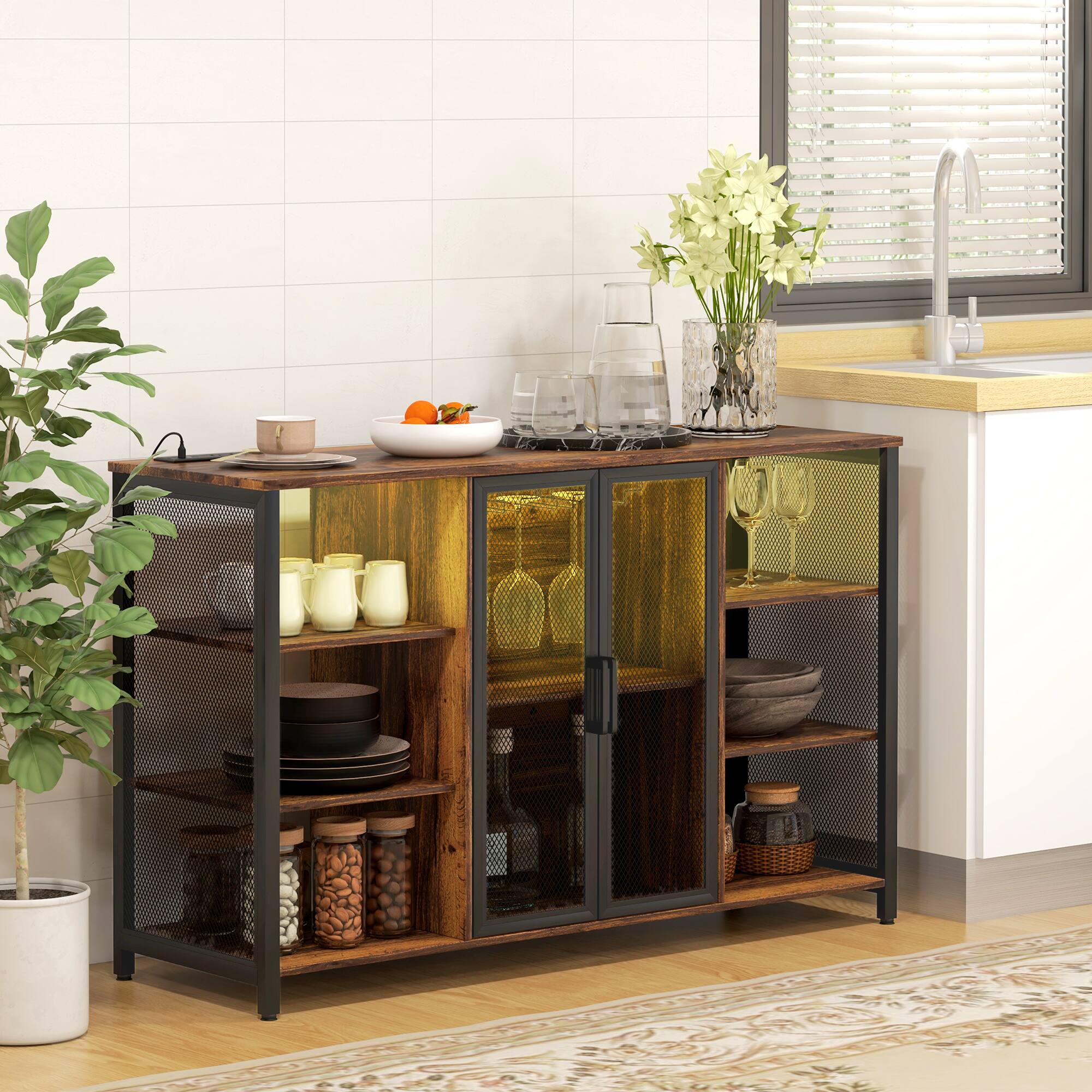 Alt View 1. Homcom - Wine Bar Cabinet with Charging Station, Wine Table with Glass Holders, Adjustable Shelf and 6 Open Shelves - Rustic Brown.