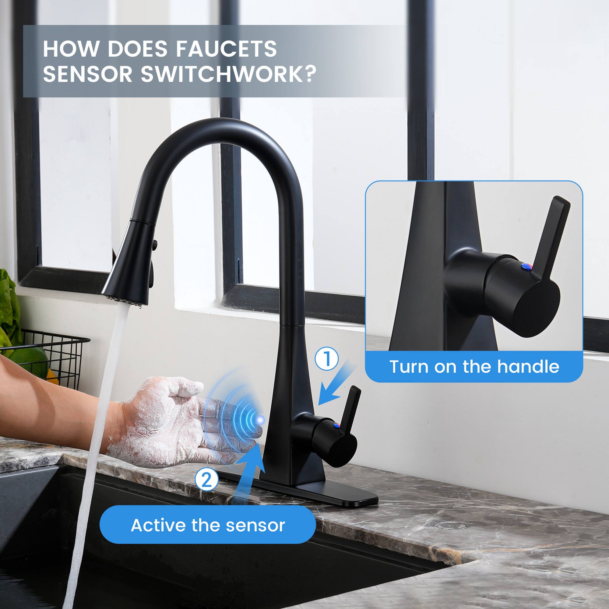 HOW DOES FAUCETS SENSOR SWITCH WORK?

1. Turn on the handle
2. Activate the sensor