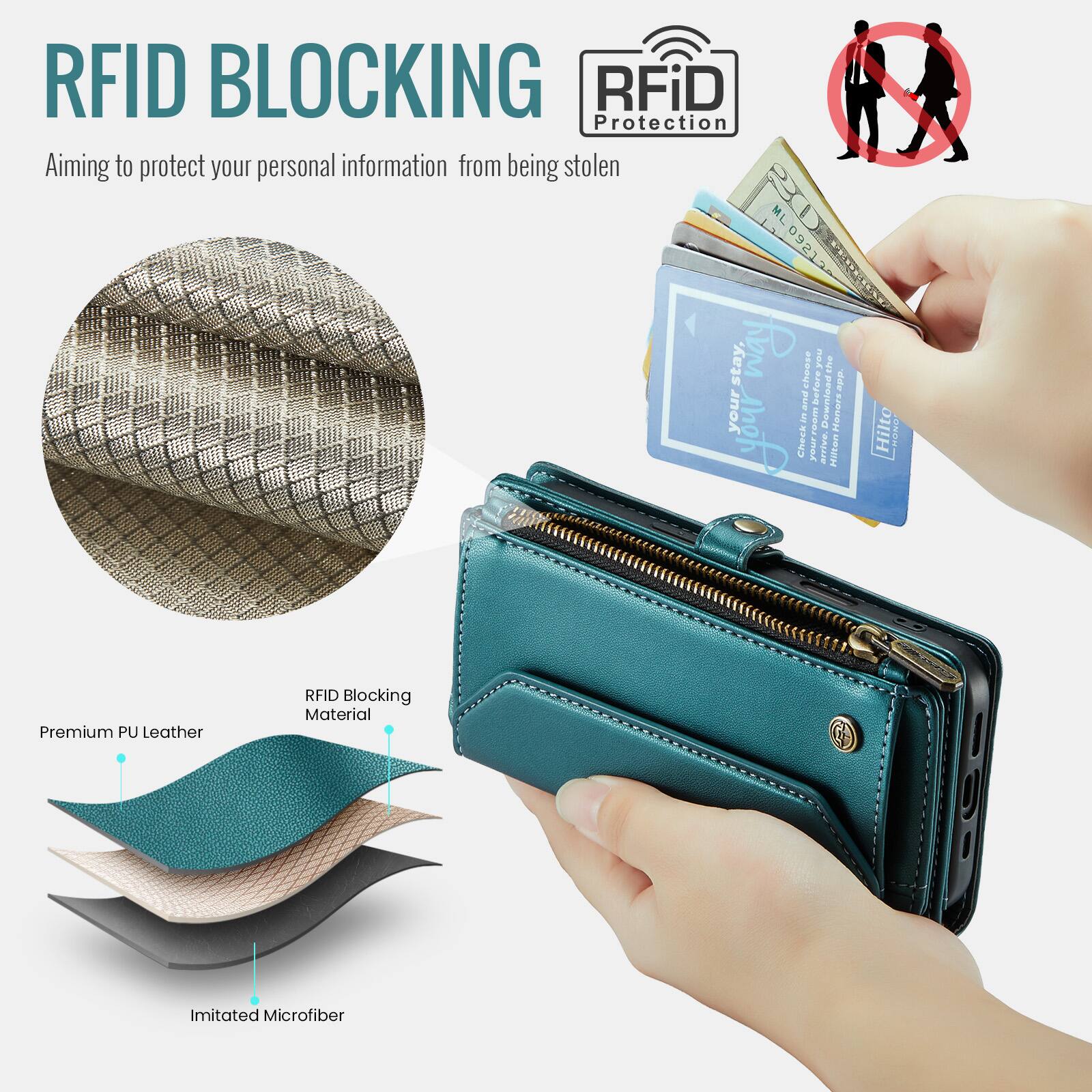 RFID BLOCKING  
Aiming to protect your personal information from being stolen  

RFiD Protection  

Premium PU Leather  
RFID Blocking Material  
Imitated Microfiber