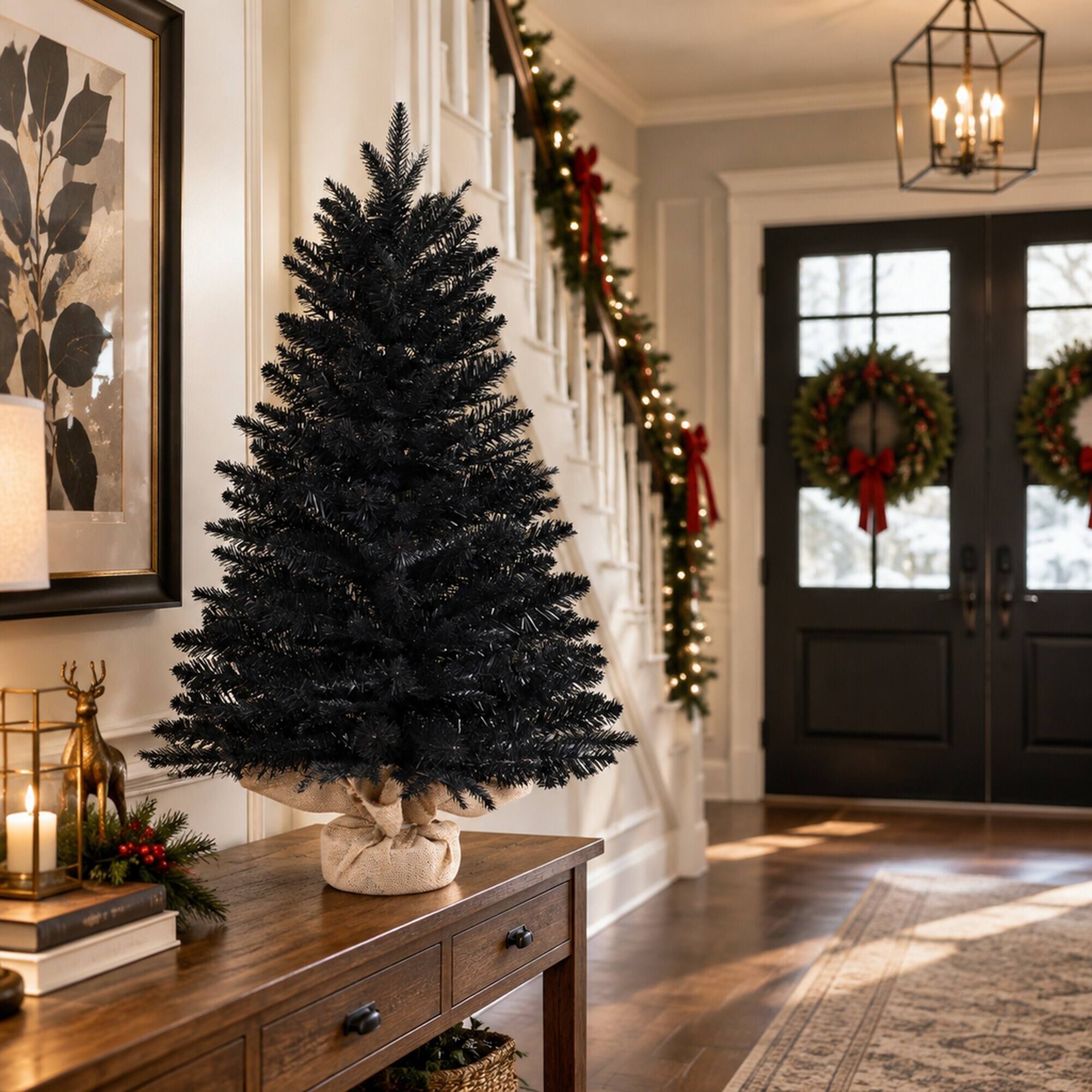 Alt View 2. RYHNUYNE - 2FT Black Artificial Christmas Tree With 159 Tips and Cement Burlap Base, for Halloween and Christmas - Black.