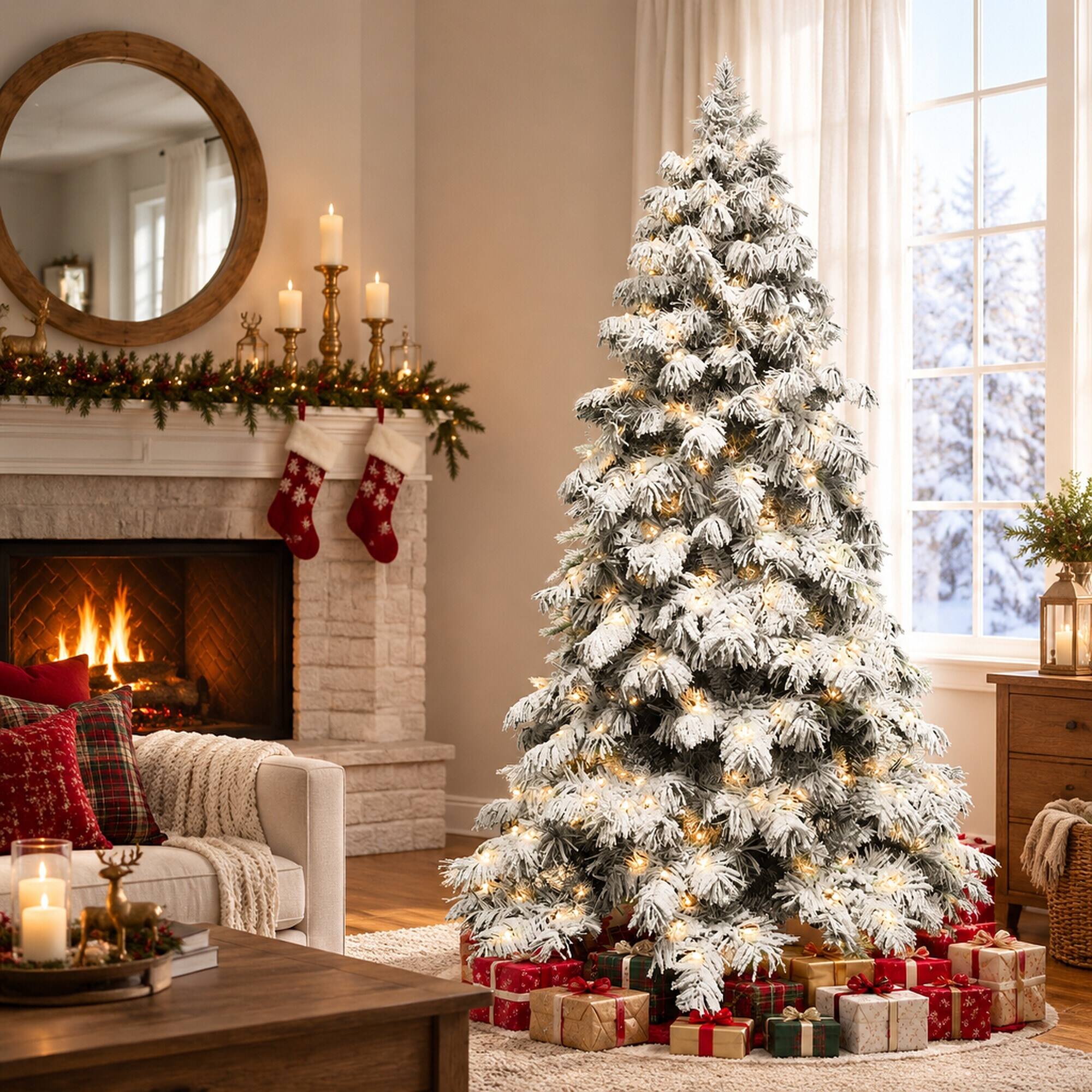 Angle. RYHNUYNE - 8 Ft Flocked Scarecrow Christmas Tree With 470 Warm White LED Lights, 1242 Memory Wire Tips Snowy Decor - Green,White.