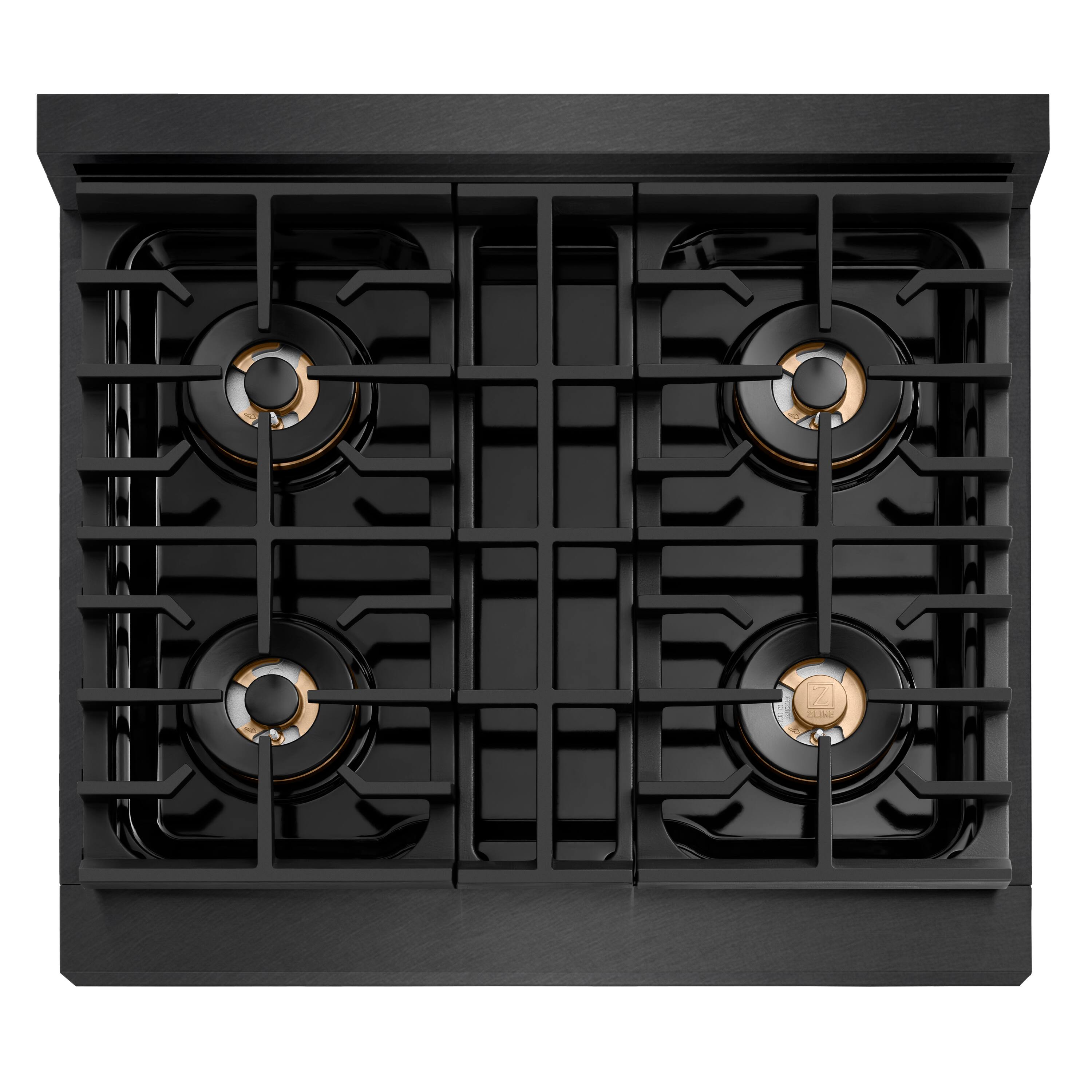 Angle. ZLINE - ZLINE Autograph 30 in. 4 Burner Paramount DuoPro Gas Rangetop in Black Satin Steel and Gold Accents (PSRTBSZ-30-G) - Black Satin Stainless Steel.
